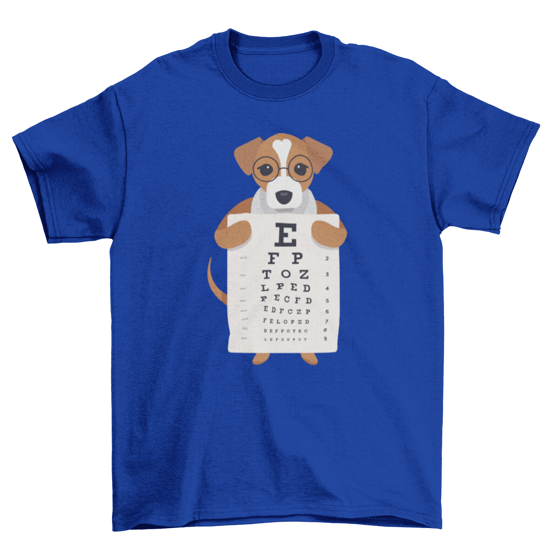 A playful T-shirt featuring a dog wearing glasses and holding an eye chart, perfect for dog lovers.