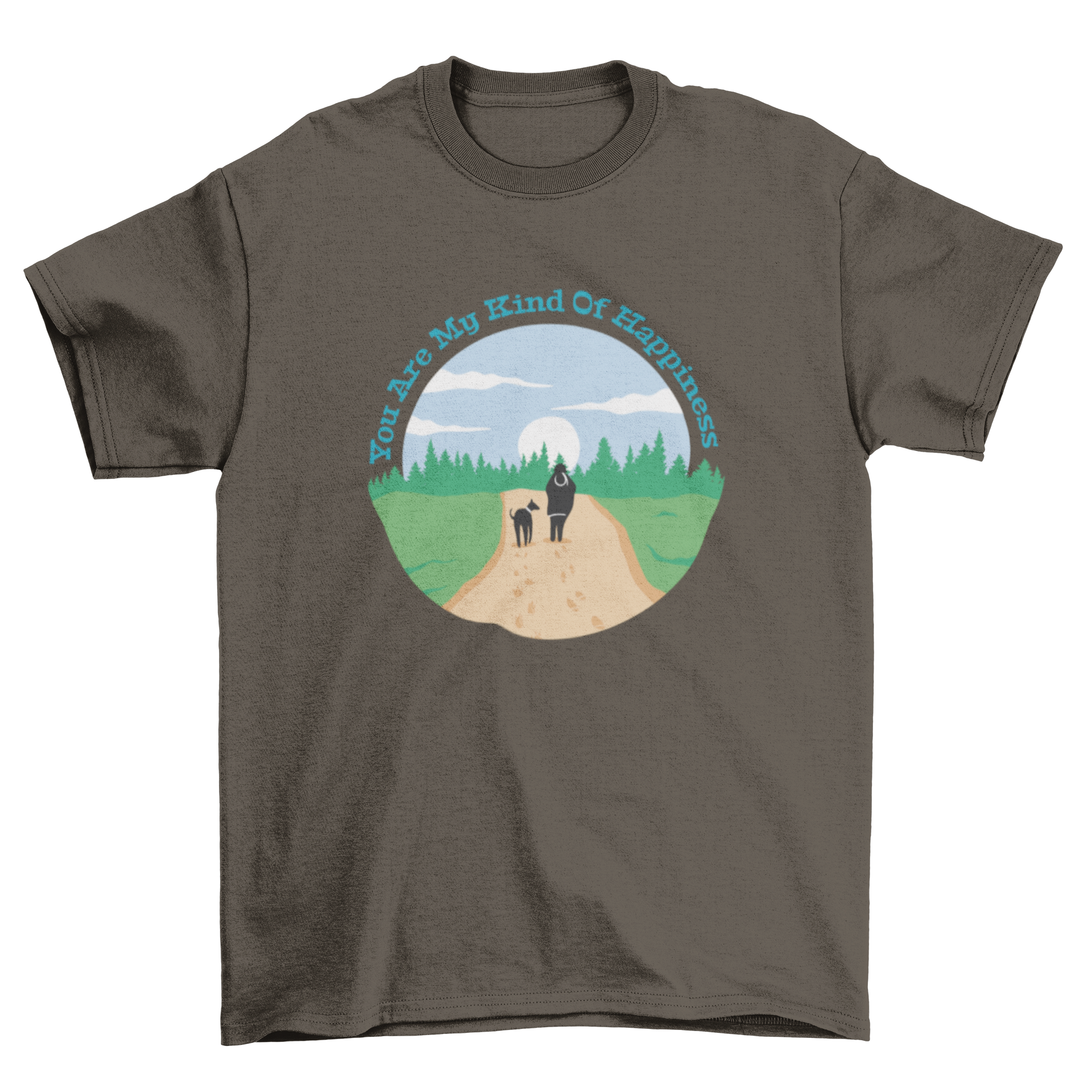 A stylish t-shirt featuring a dog and human walking together with the quote 'You're my happiness'.