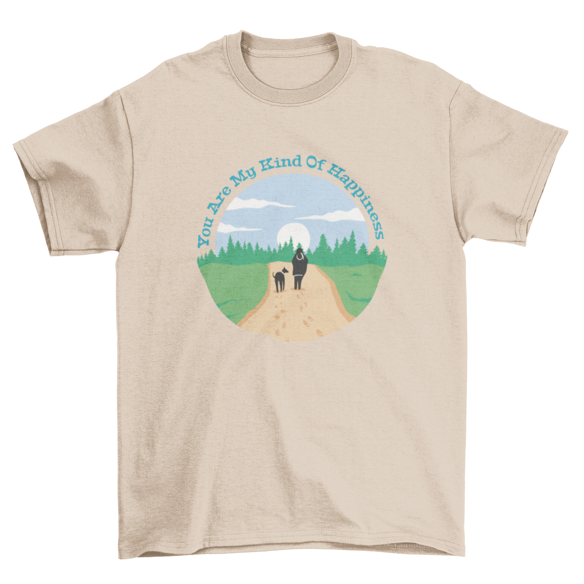 A stylish t-shirt featuring a dog and human walking together with the quote 'You're my happiness'.