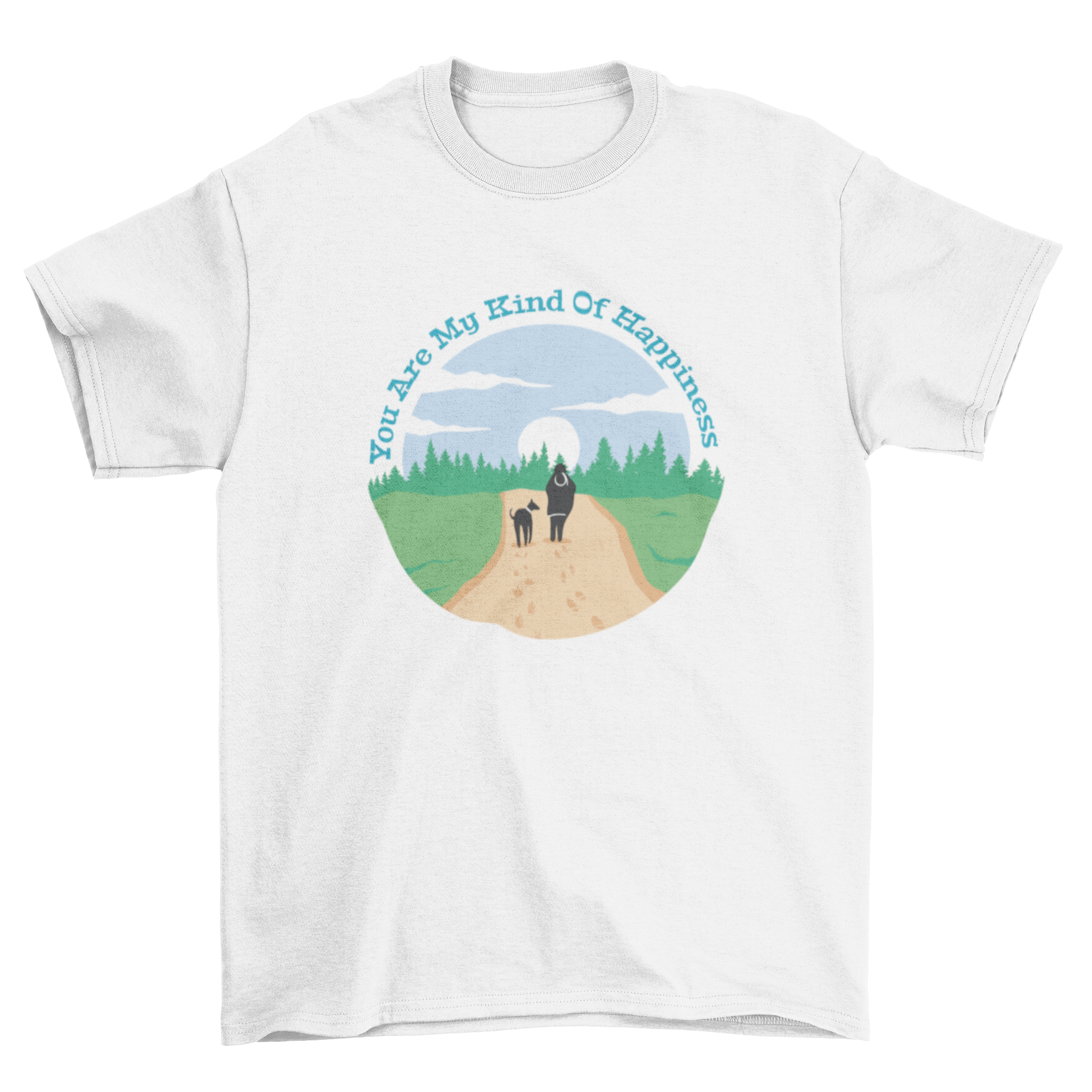 A stylish t-shirt featuring a dog and human walking together with the quote 'You're my happiness'.