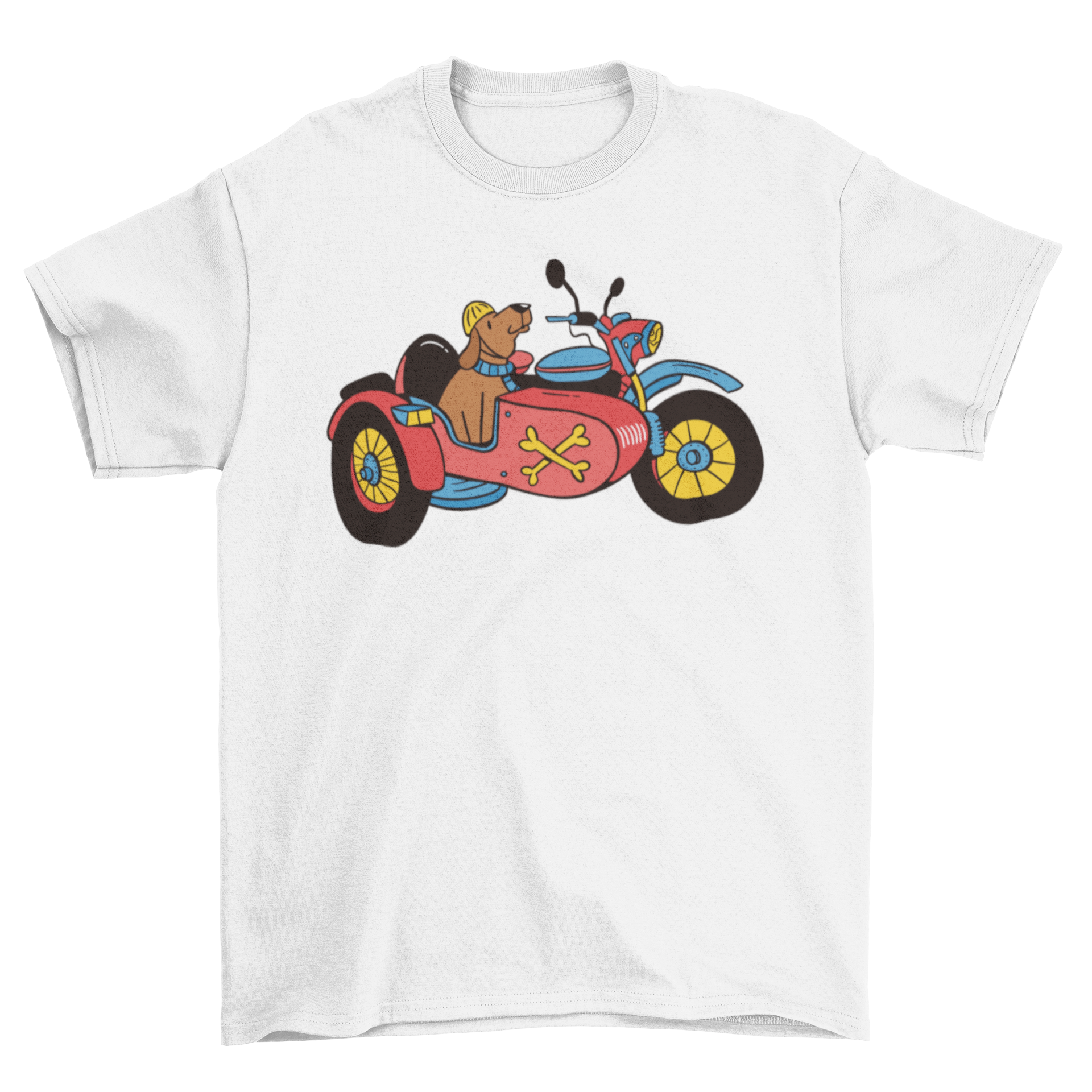 A stylish t-shirt featuring a motorcycle with a dog in the sidecar, perfect for dog lovers.