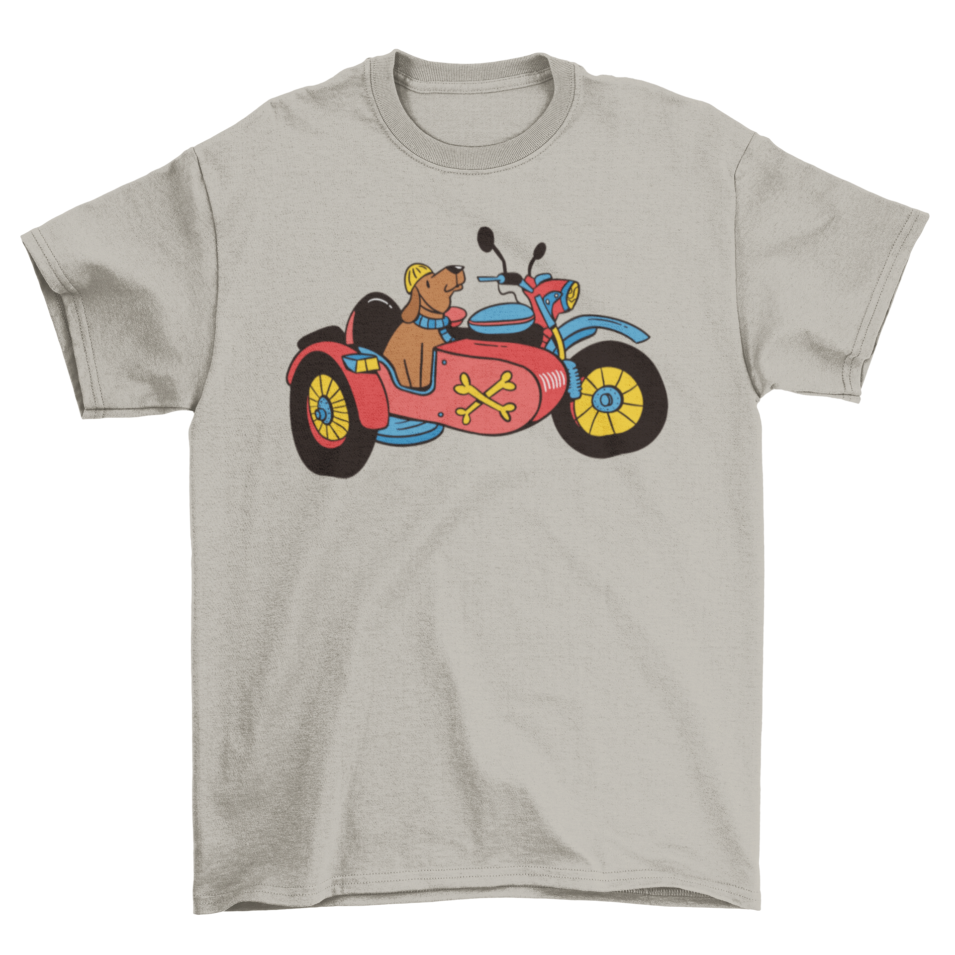 A stylish t-shirt featuring a motorcycle with a dog in the sidecar, perfect for dog lovers.