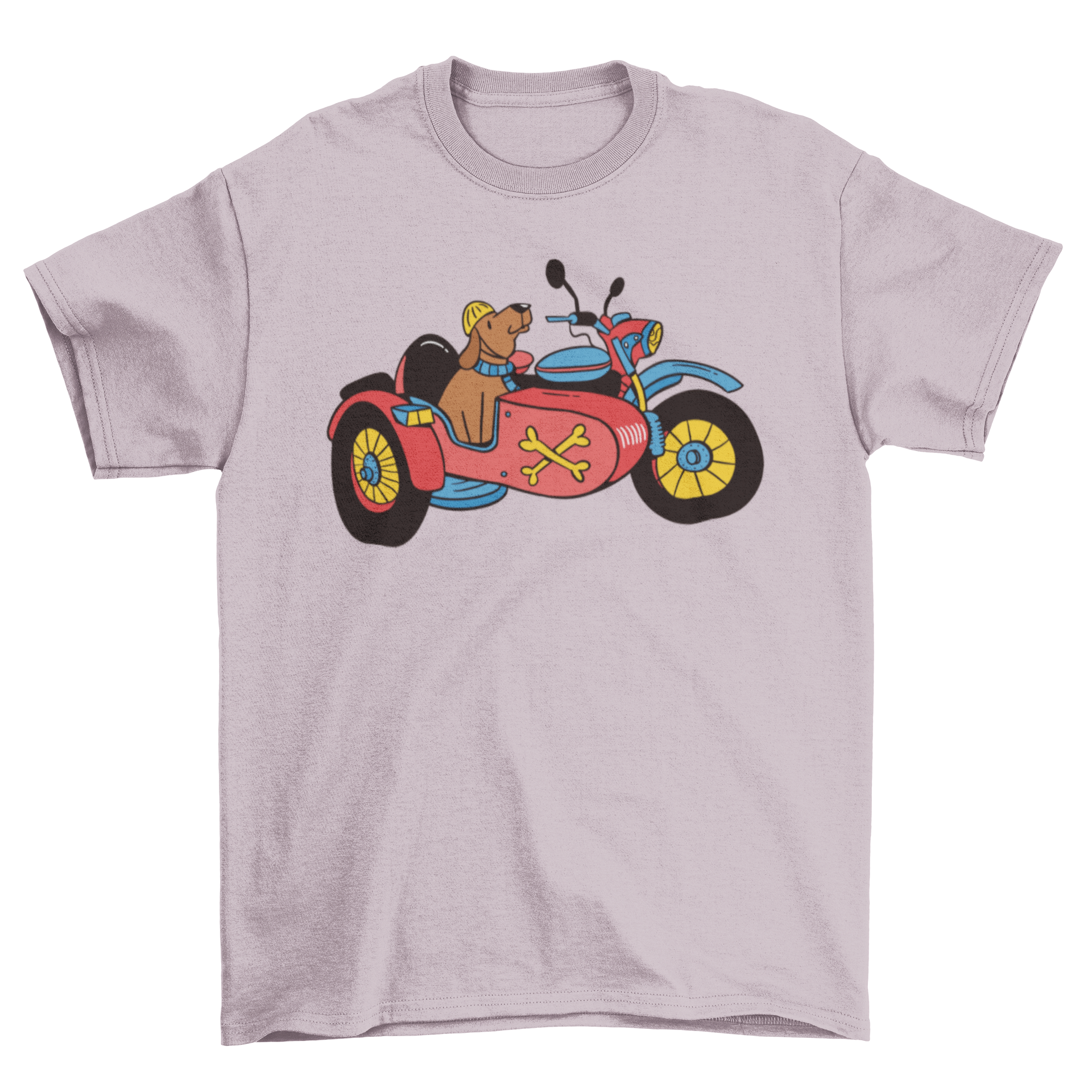 A stylish t-shirt featuring a motorcycle with a dog in the sidecar, perfect for dog lovers.