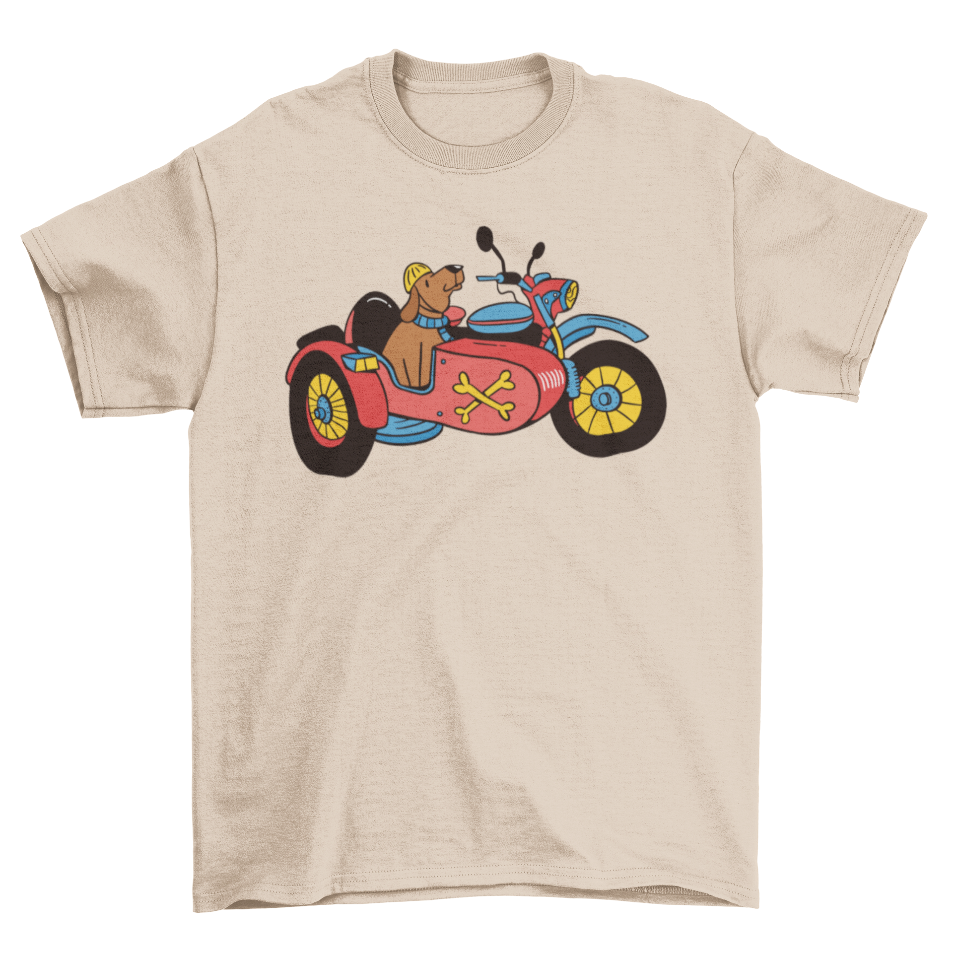 A stylish t-shirt featuring a motorcycle with a dog in the sidecar, perfect for dog lovers.