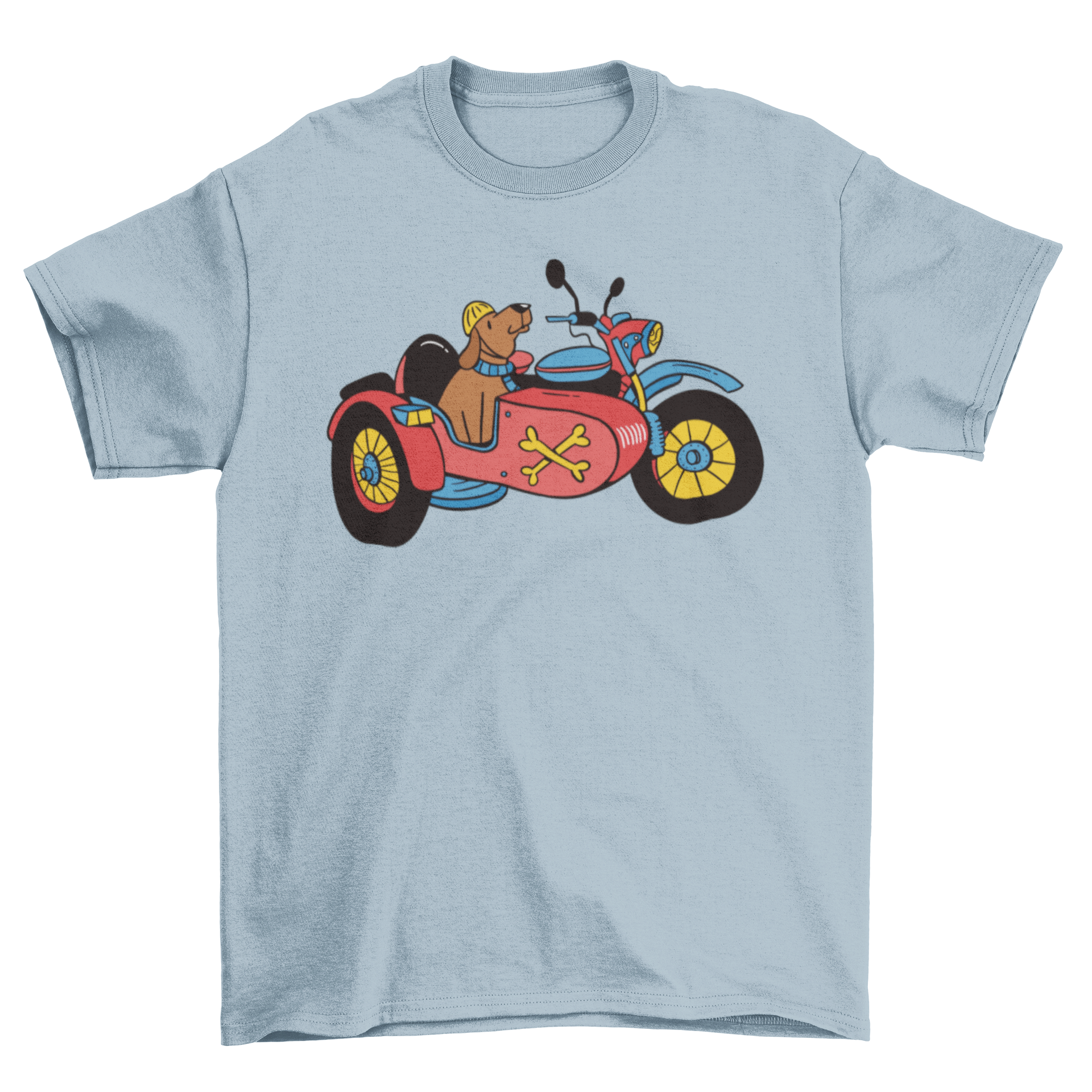 A stylish t-shirt featuring a motorcycle with a dog in the sidecar, perfect for dog lovers.