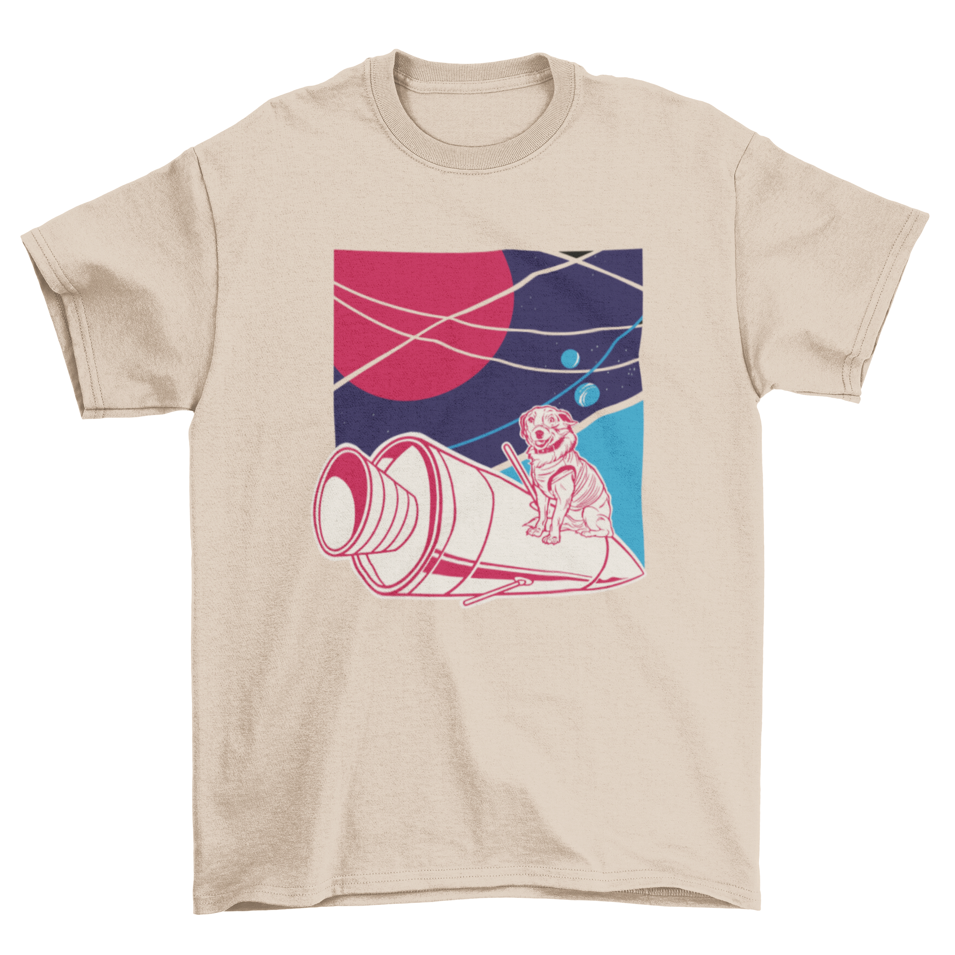 A vibrant t-shirt design featuring a playful dog flying in a colorful space rocket against a starry background.