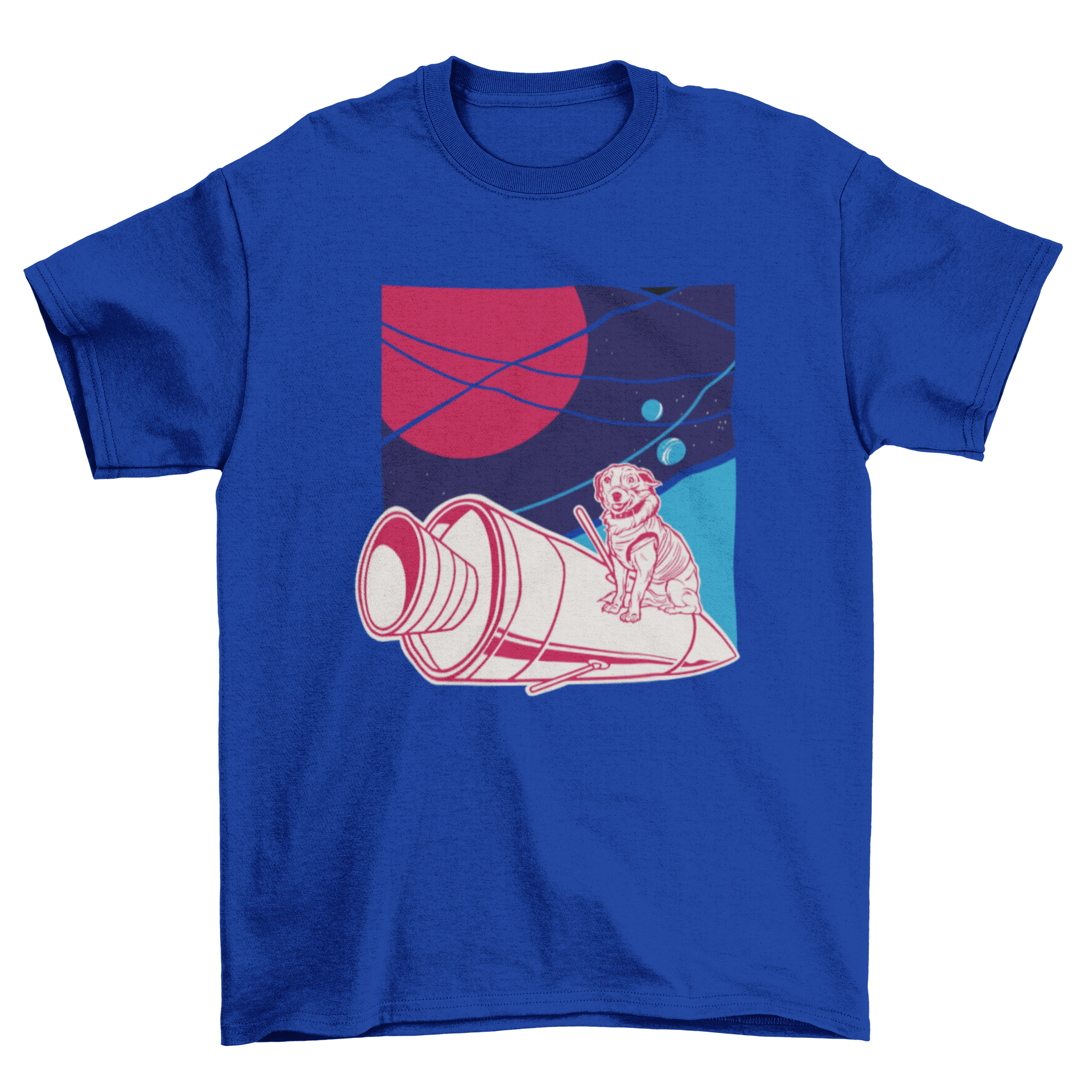 A vibrant t-shirt design featuring a playful dog flying in a colorful space rocket against a starry background.