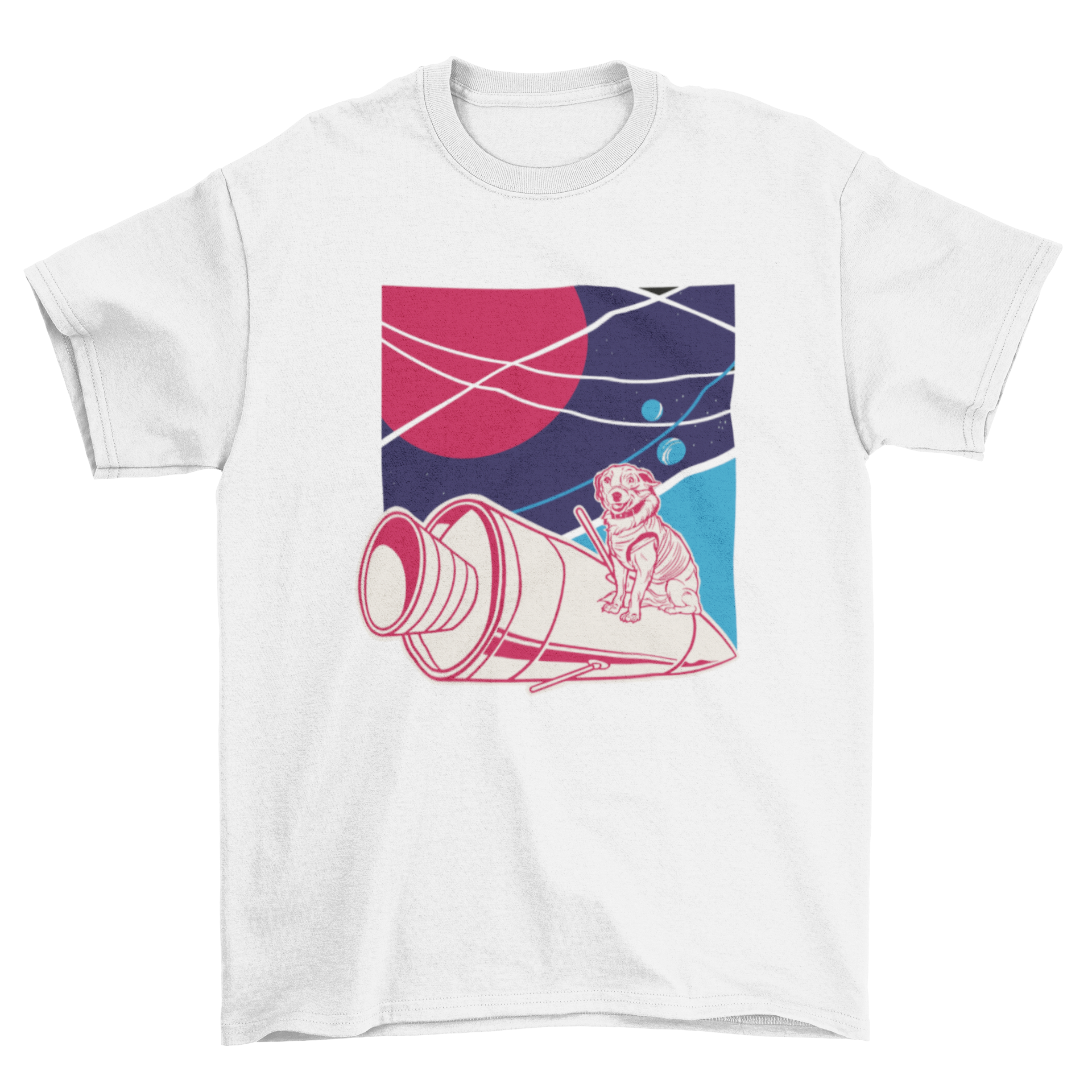 A vibrant t-shirt design featuring a playful dog flying in a colorful space rocket against a starry background.