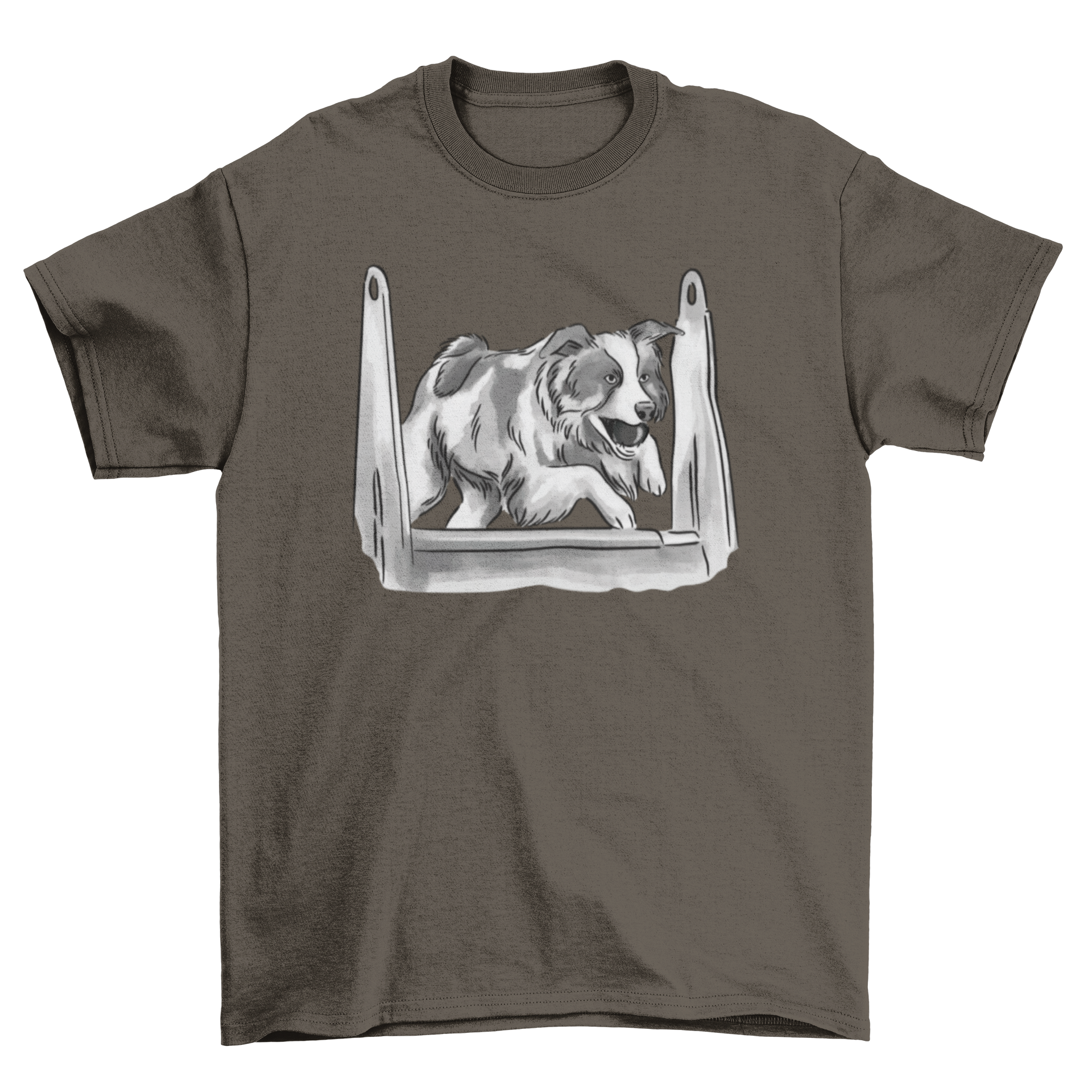 Black and white t-shirt featuring a dog jumping over an obstacle, perfect for dog lovers.