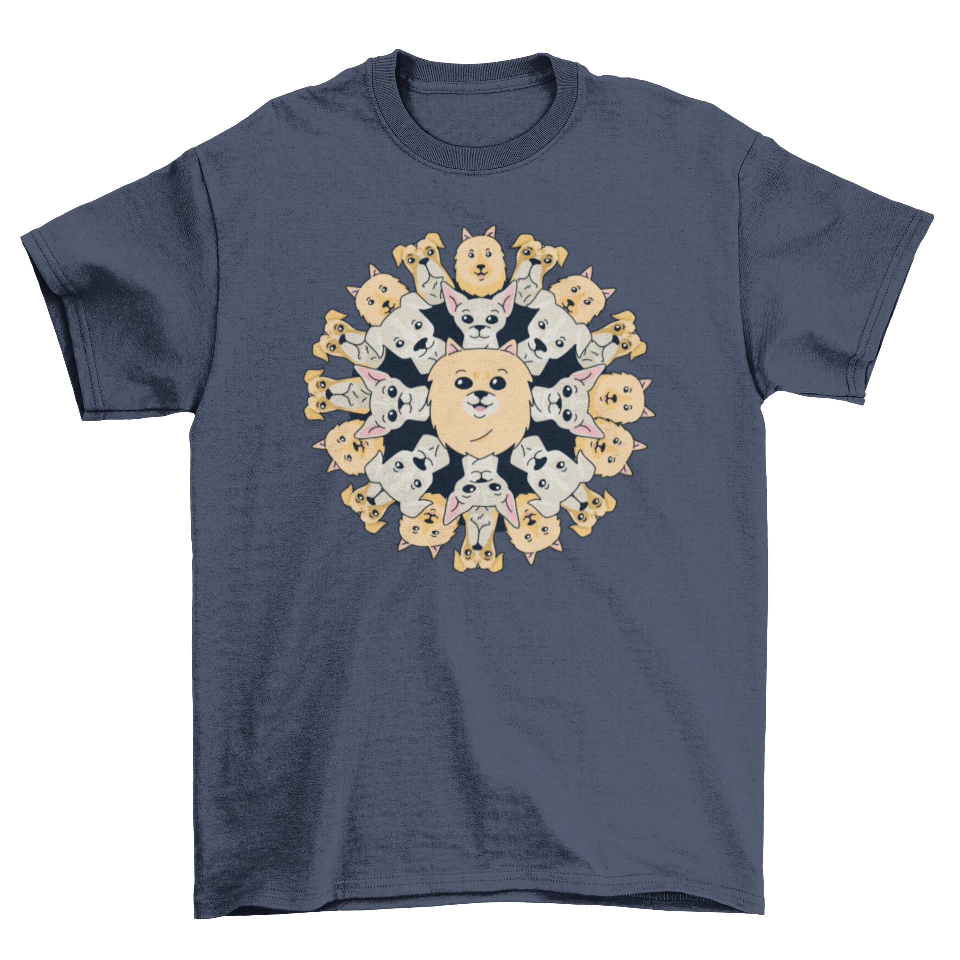 A stylish Dog Mandala t-shirt featuring an intricate design of various dog breeds in a mandala pattern.
