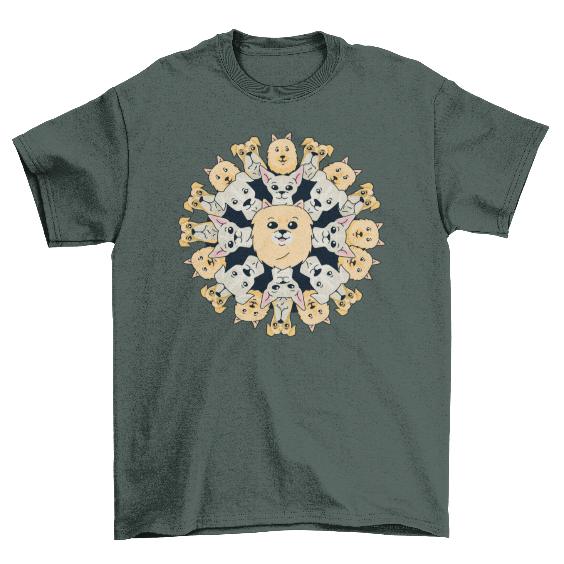 A stylish Dog Mandala t-shirt featuring an intricate design of various dog breeds in a mandala pattern.