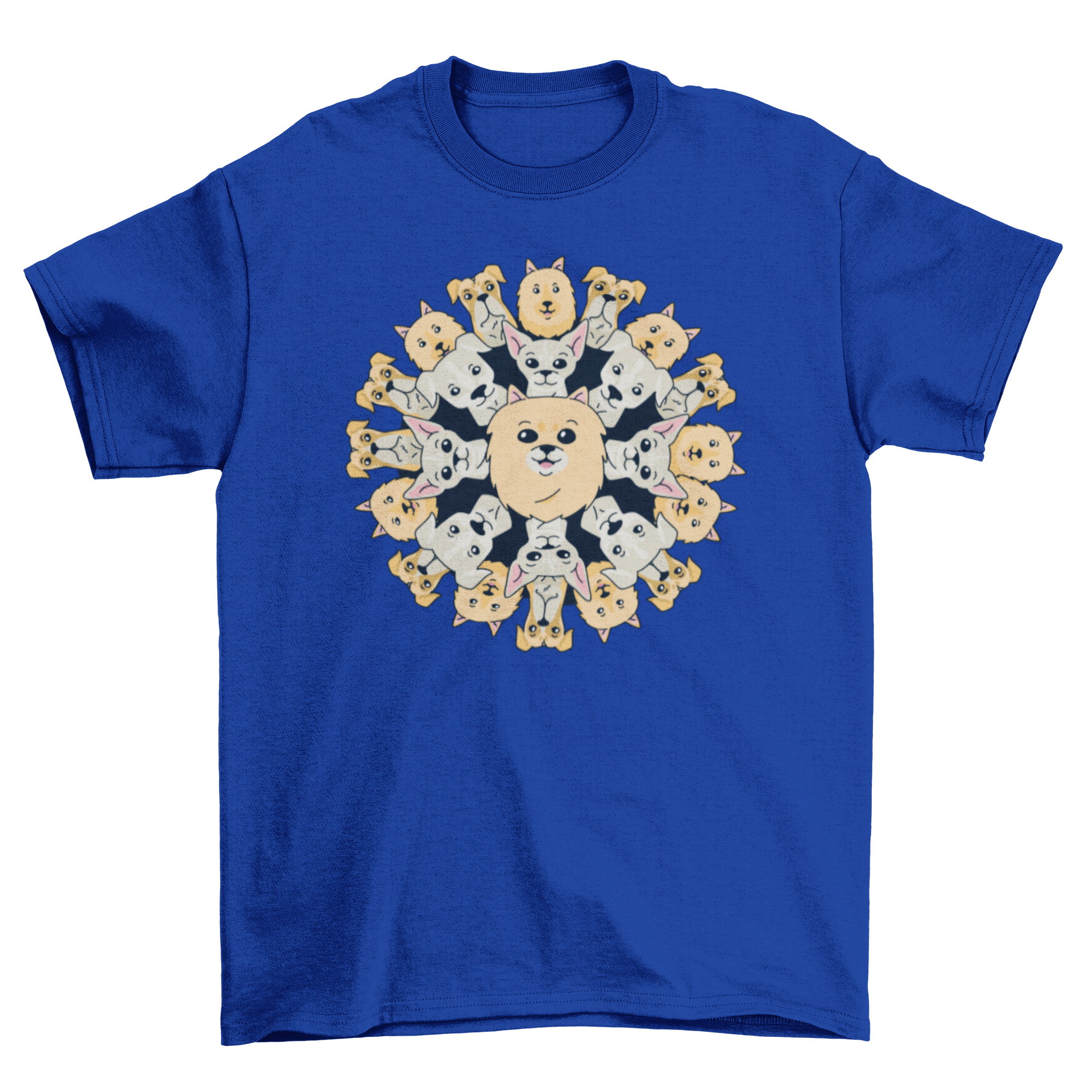 A stylish Dog Mandala t-shirt featuring an intricate design of various dog breeds in a mandala pattern.