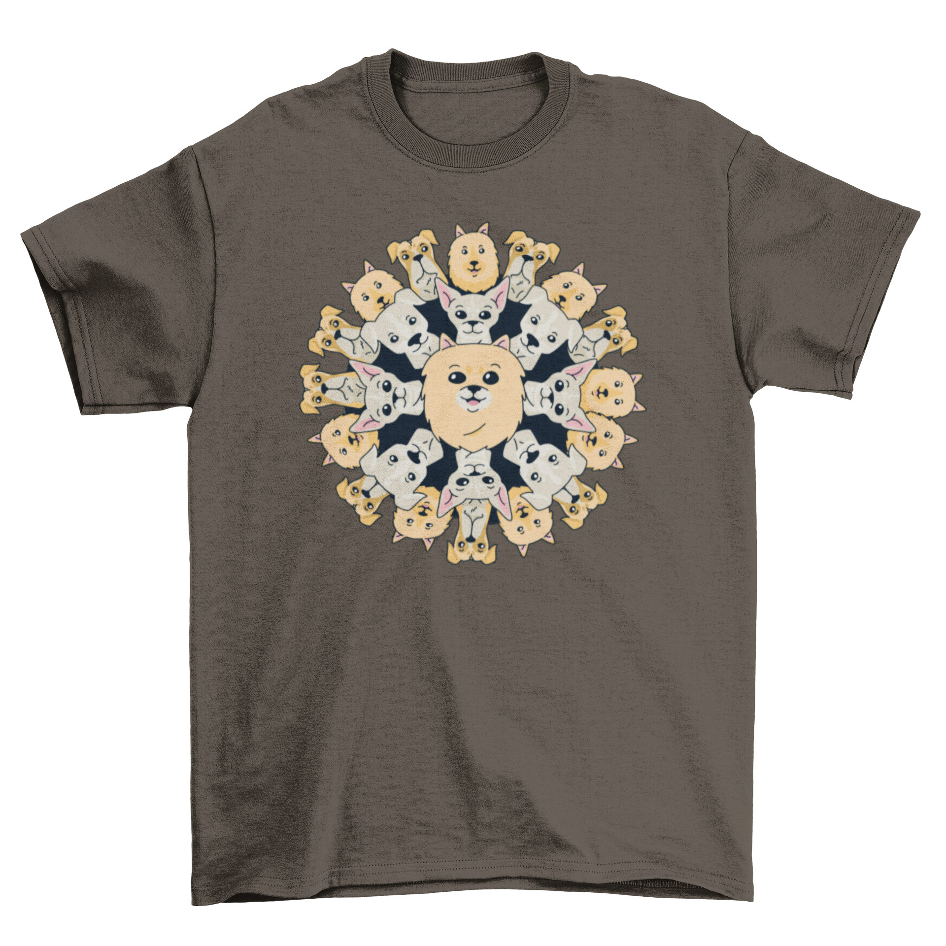 A stylish Dog Mandala t-shirt featuring an intricate design of various dog breeds in a mandala pattern.