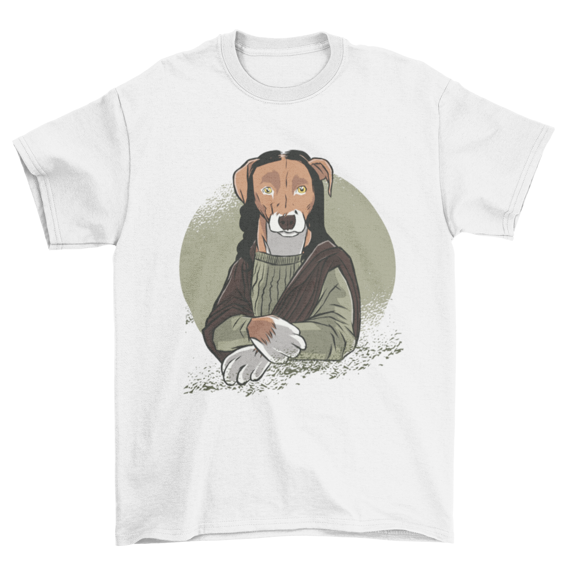 A stylish Dog Monalisa T-Shirt featuring a dog illustration in the pose and attire of the famous Mona Lisa painting.