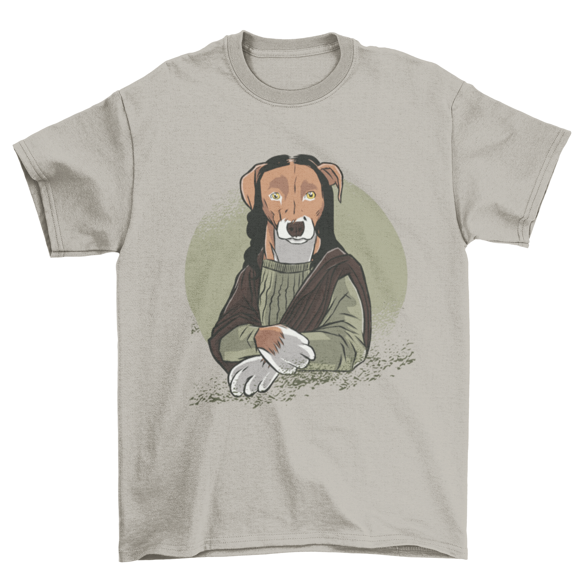 A stylish Dog Monalisa T-Shirt featuring a dog illustration in the pose and attire of the famous Mona Lisa painting.