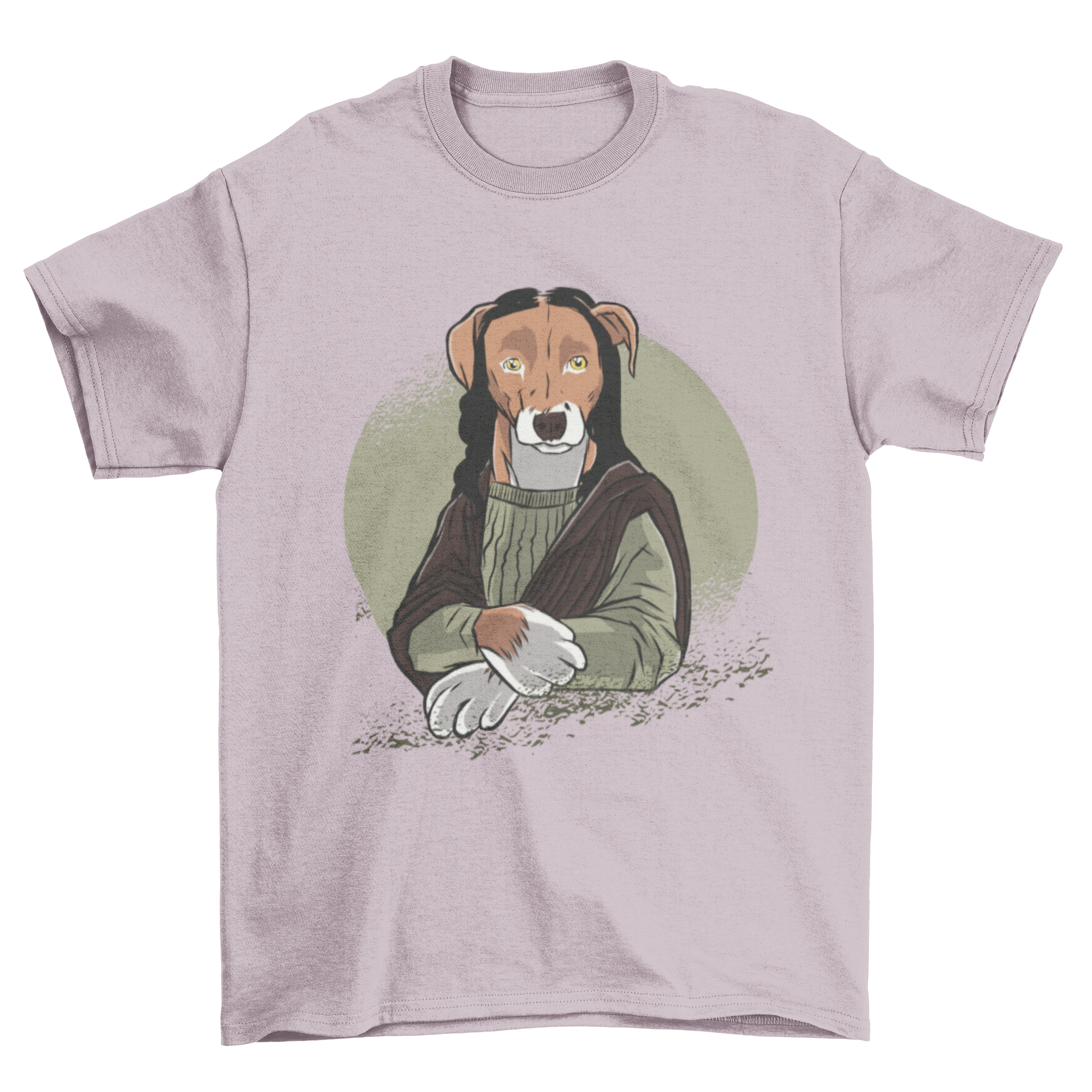 A stylish Dog Monalisa T-Shirt featuring a dog illustration in the pose and attire of the famous Mona Lisa painting.