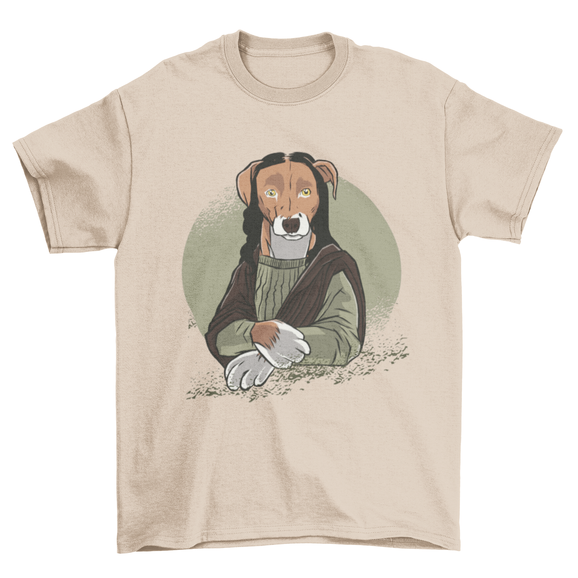 A stylish Dog Monalisa T-Shirt featuring a dog illustration in the pose and attire of the famous Mona Lisa painting.