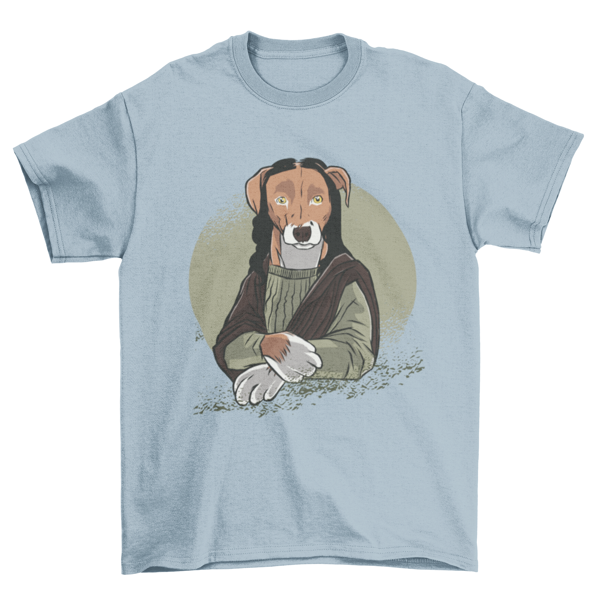 A stylish Dog Monalisa T-Shirt featuring a dog illustration in the pose and attire of the famous Mona Lisa painting.