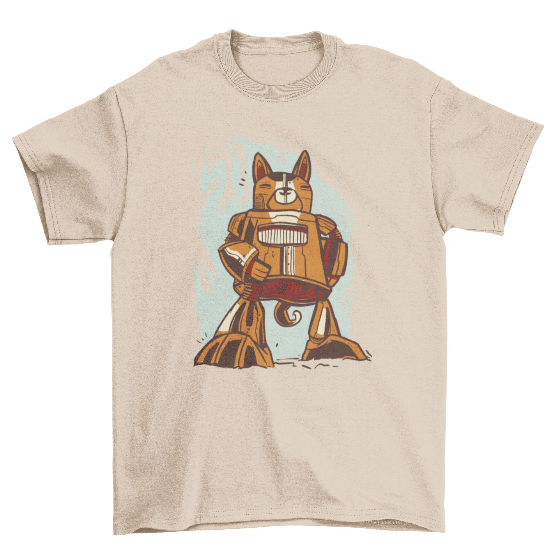 A vibrant blue t-shirt featuring a playful robot dog character design, perfect for dog lovers.