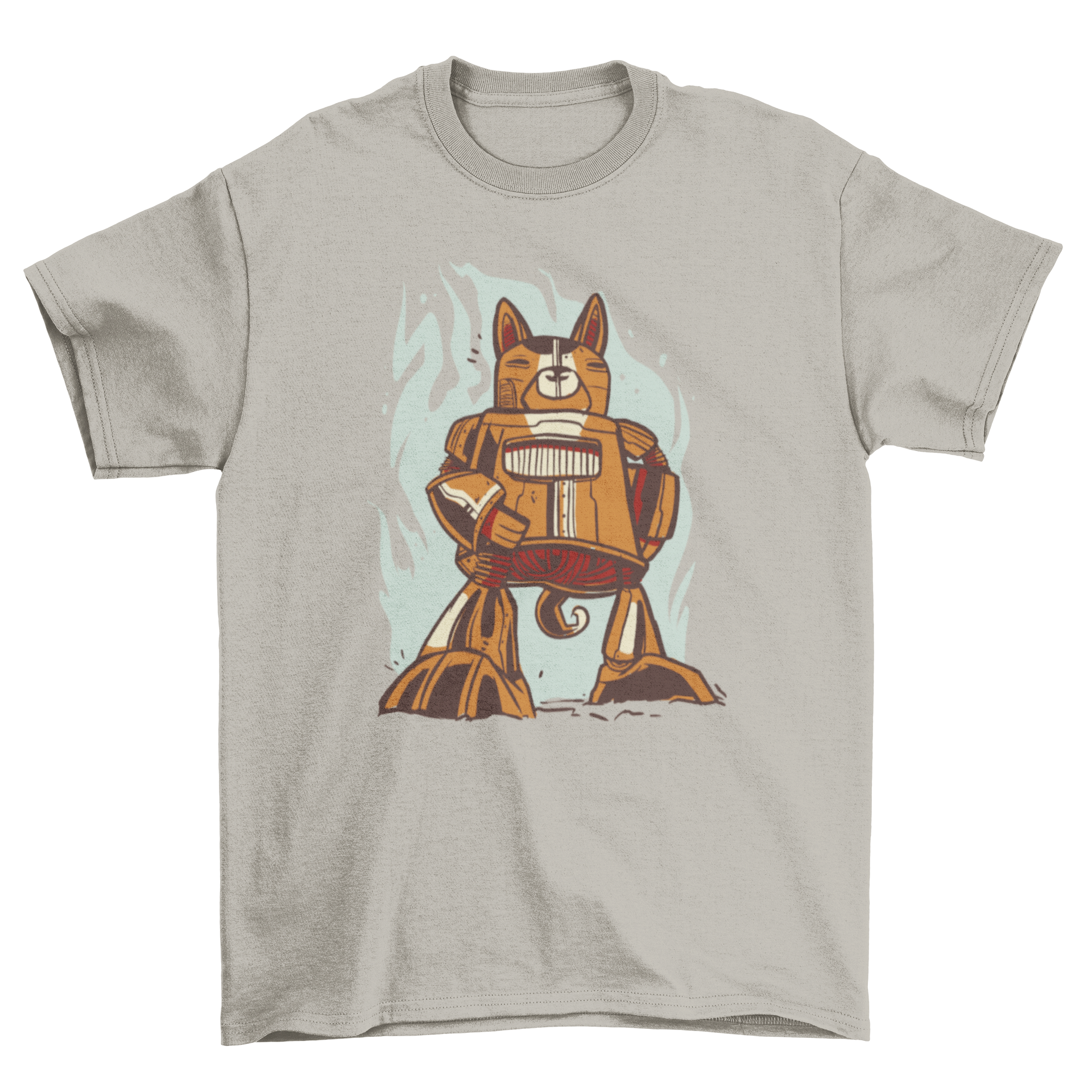 A vibrant blue t-shirt featuring a playful robot dog character design, perfect for dog lovers.