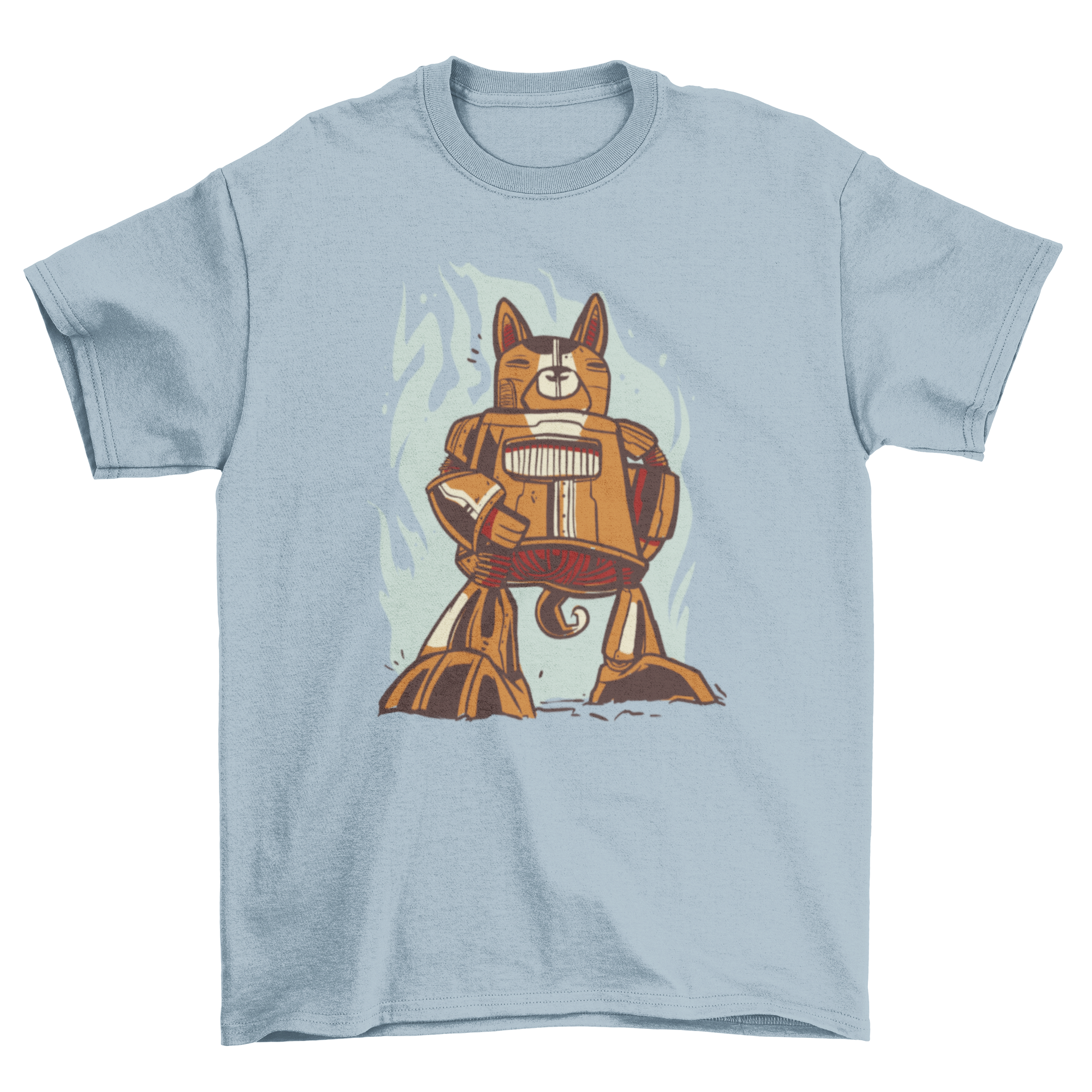 A vibrant blue t-shirt featuring a playful robot dog character design, perfect for dog lovers.