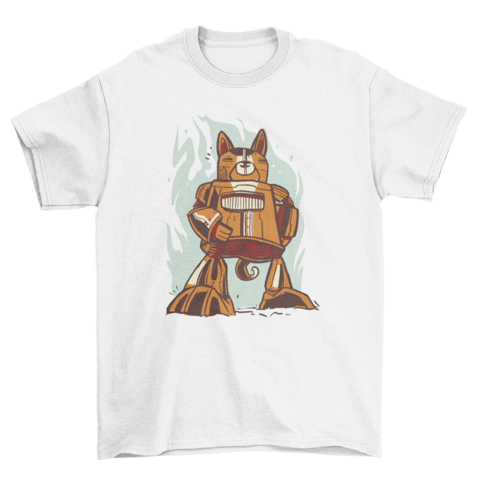 A vibrant blue t-shirt featuring a playful robot dog character design, perfect for dog lovers.