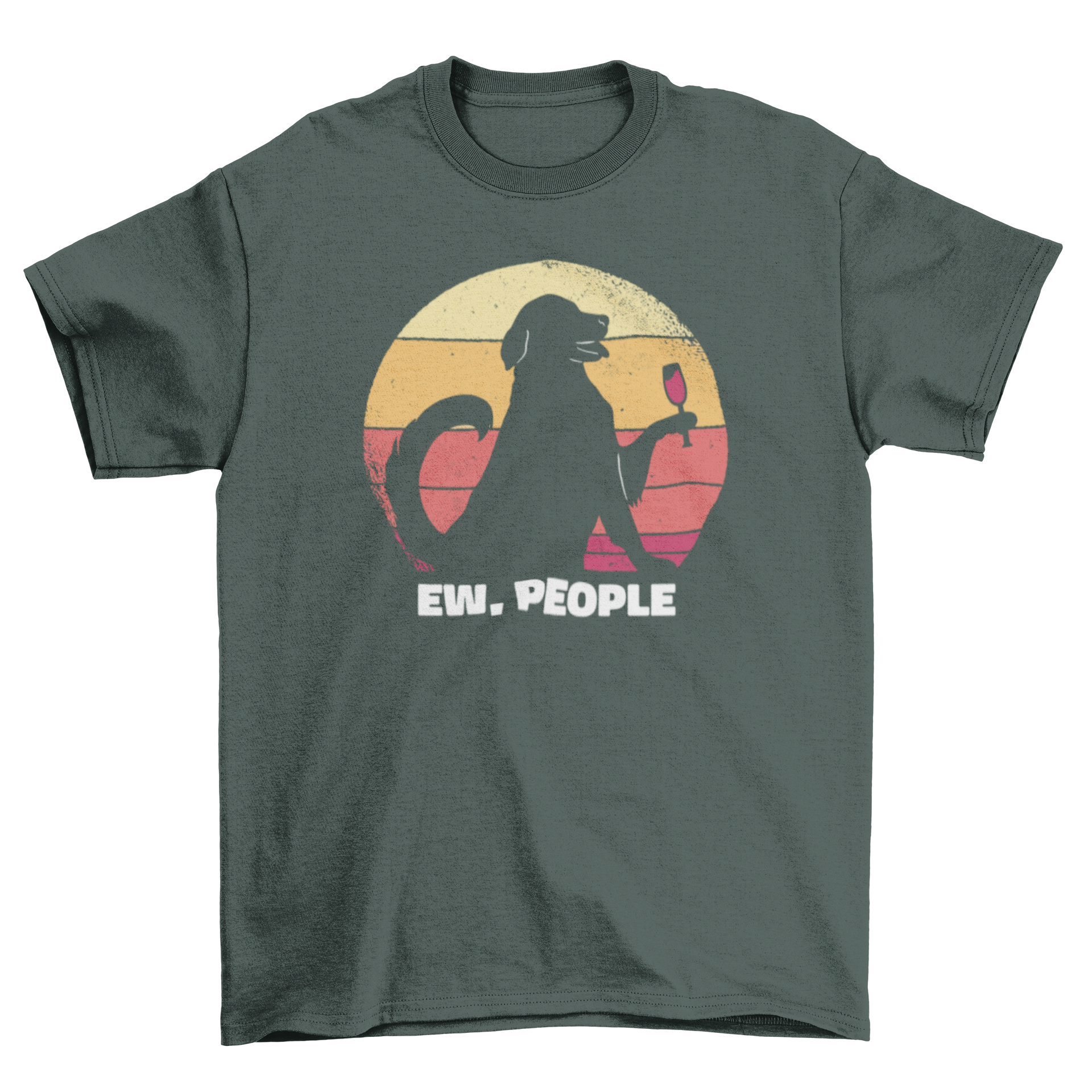 A stylish t-shirt featuring a dog drinking wine against a retro sunset with the quote 'Ew people'.
