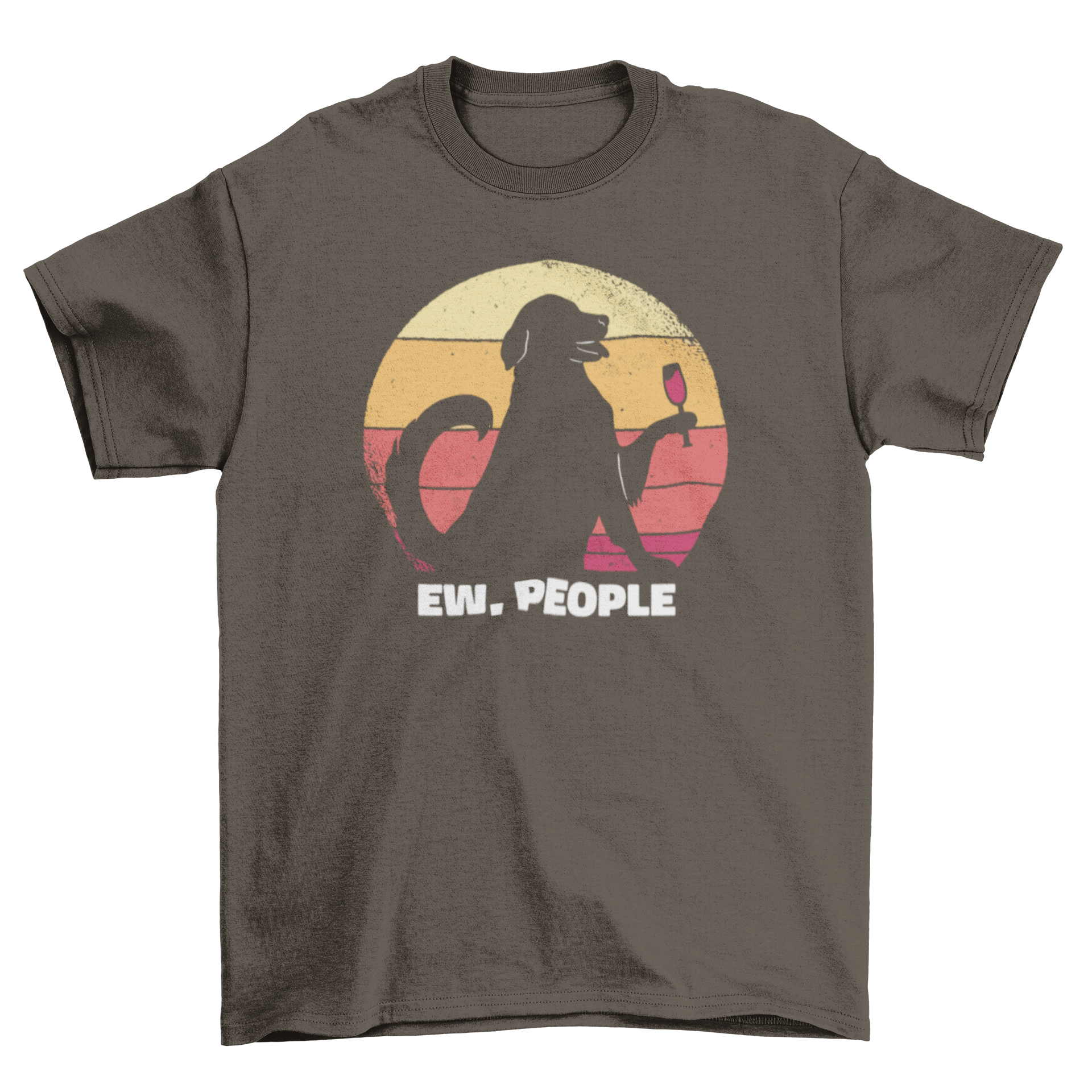 A stylish t-shirt featuring a dog drinking wine against a retro sunset with the quote 'Ew people'.