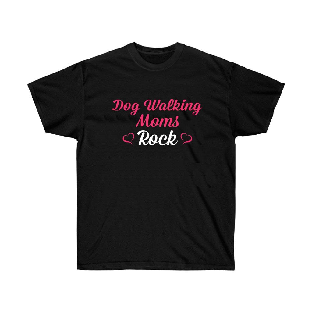 A stylish Dog Walking Moms Rock T-Shirt featuring a vibrant vinyl print, made from 100% soft cotton, perfect for dog-loving moms.