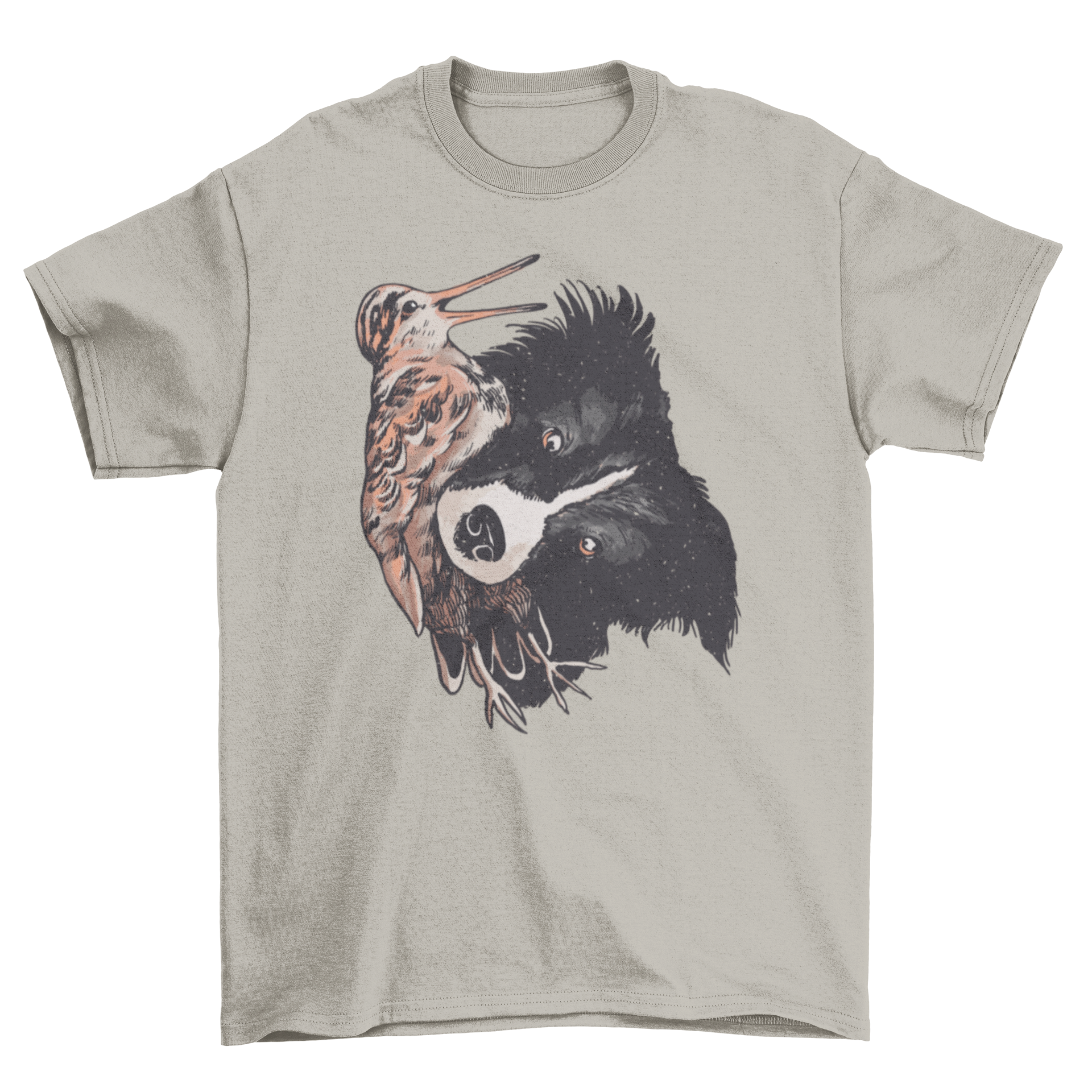 A stylish t-shirt featuring a dog holding a woodcock bird in its mouth, perfect for dog lovers and outdoor enthusiasts.