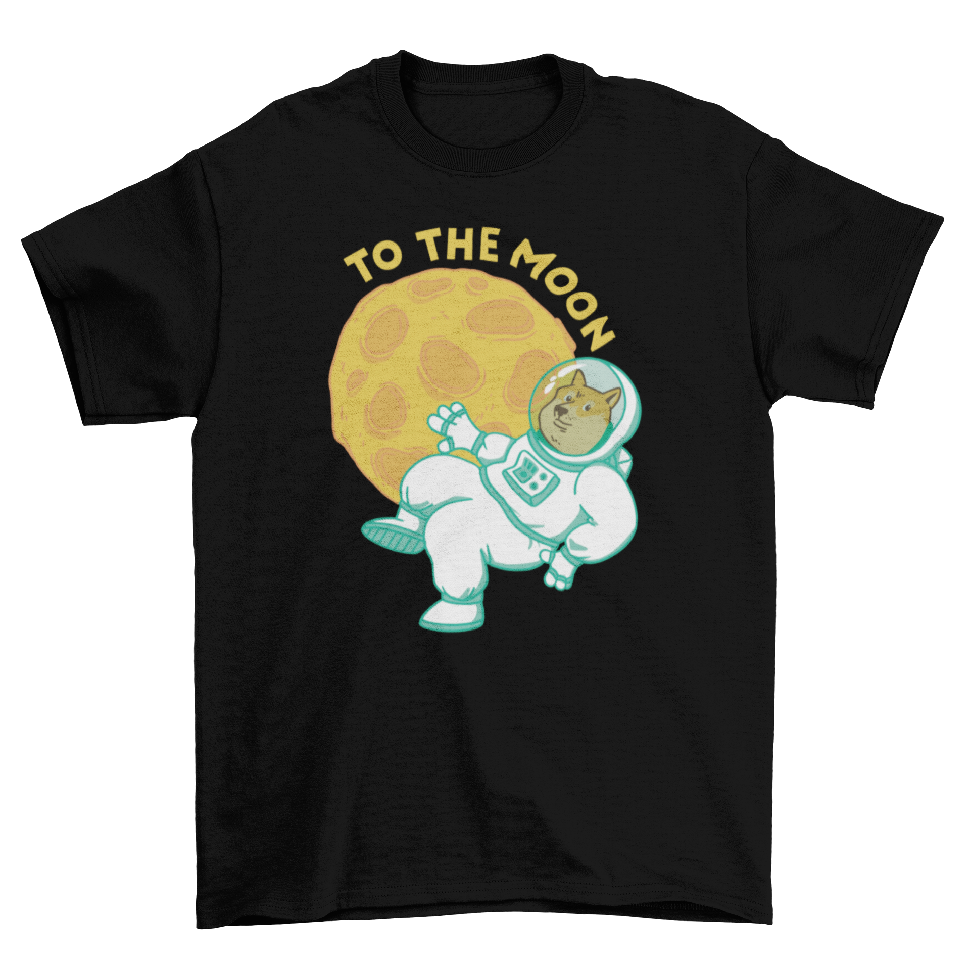 A humorous Dogecoin moon t-shirt featuring an astronaut dog floating next to the moon, showcasing a playful design.