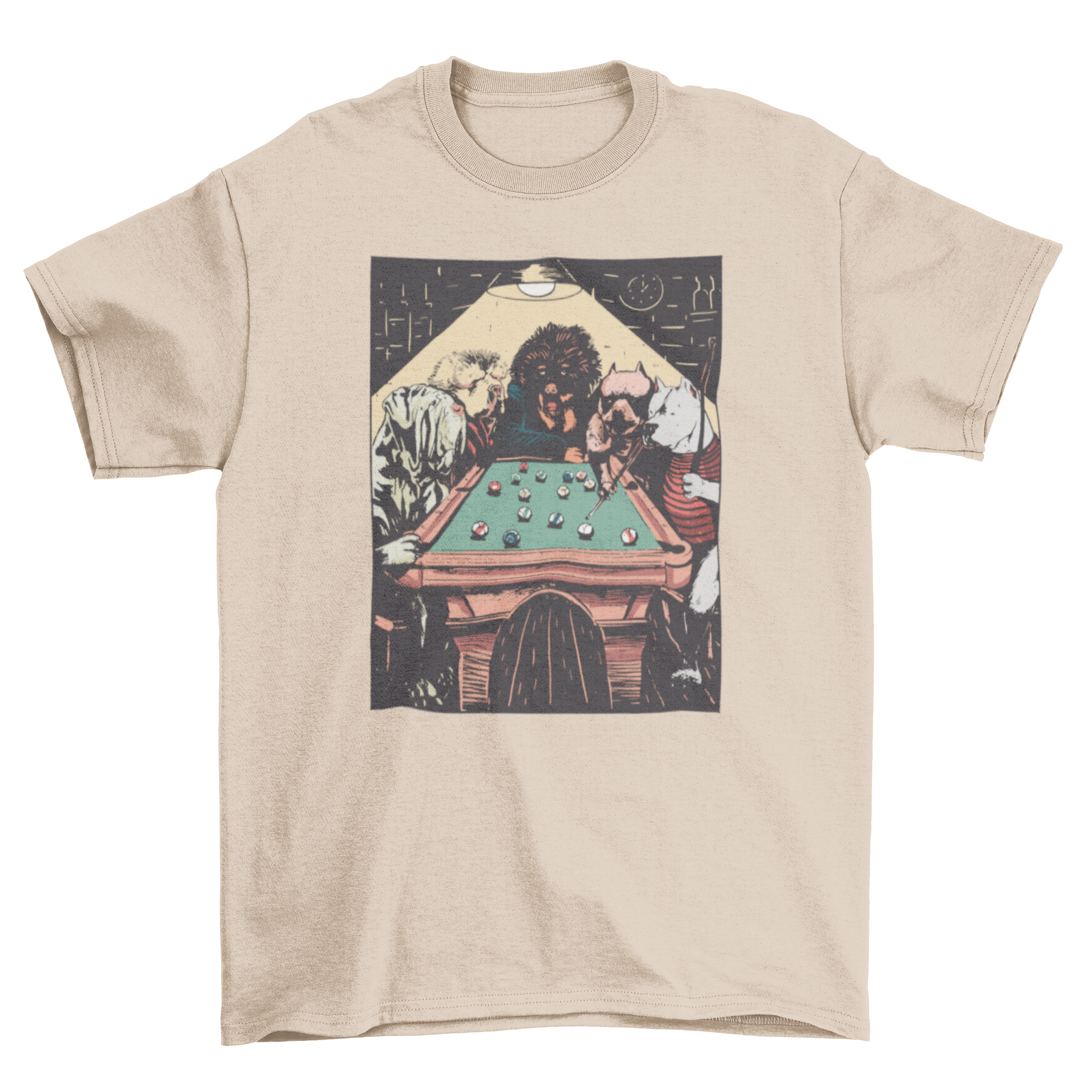A humorous t-shirt featuring playful dogs engaged in a billiards game, showcasing a fun and unique design.