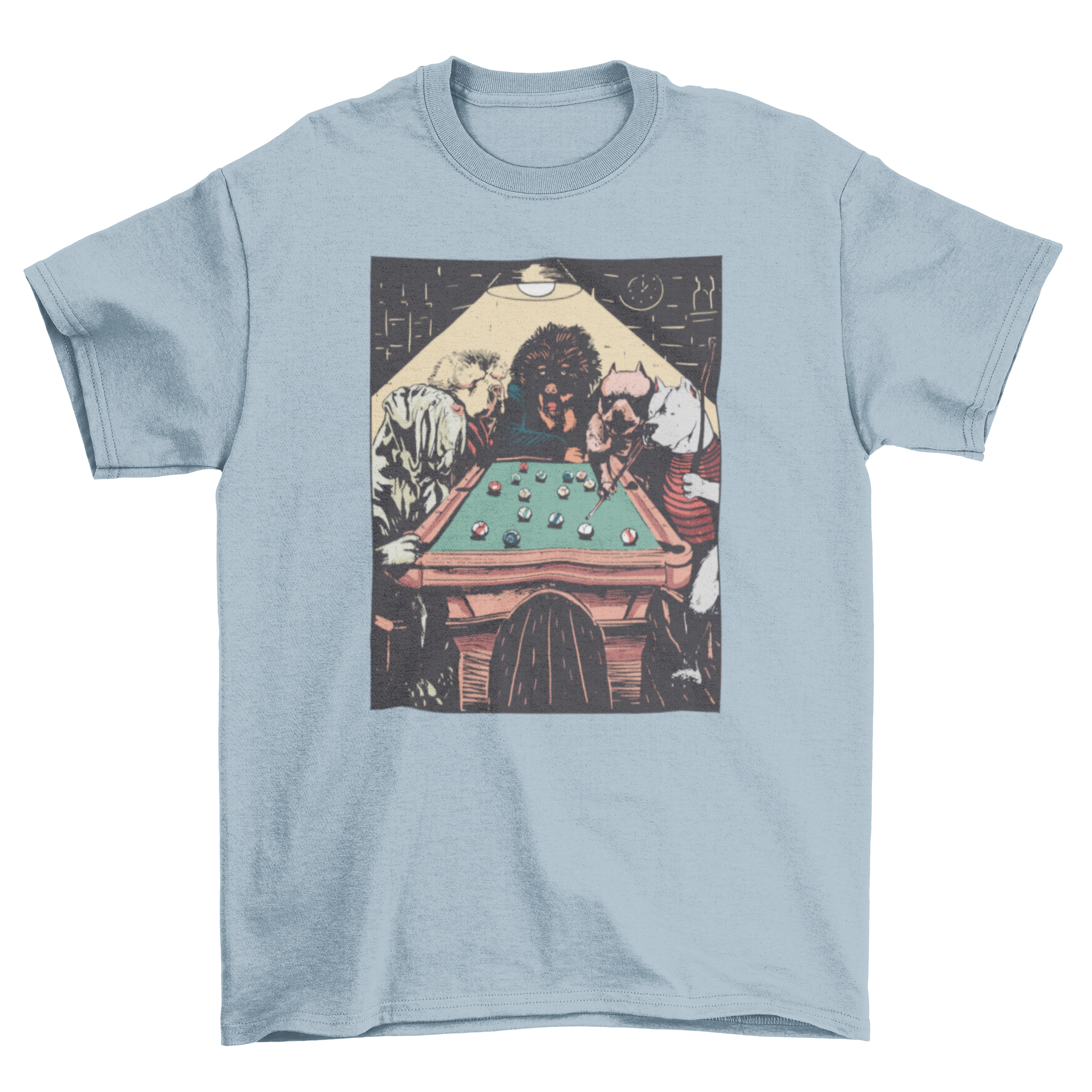 A humorous t-shirt featuring playful dogs engaged in a billiards game, showcasing a fun and unique design.