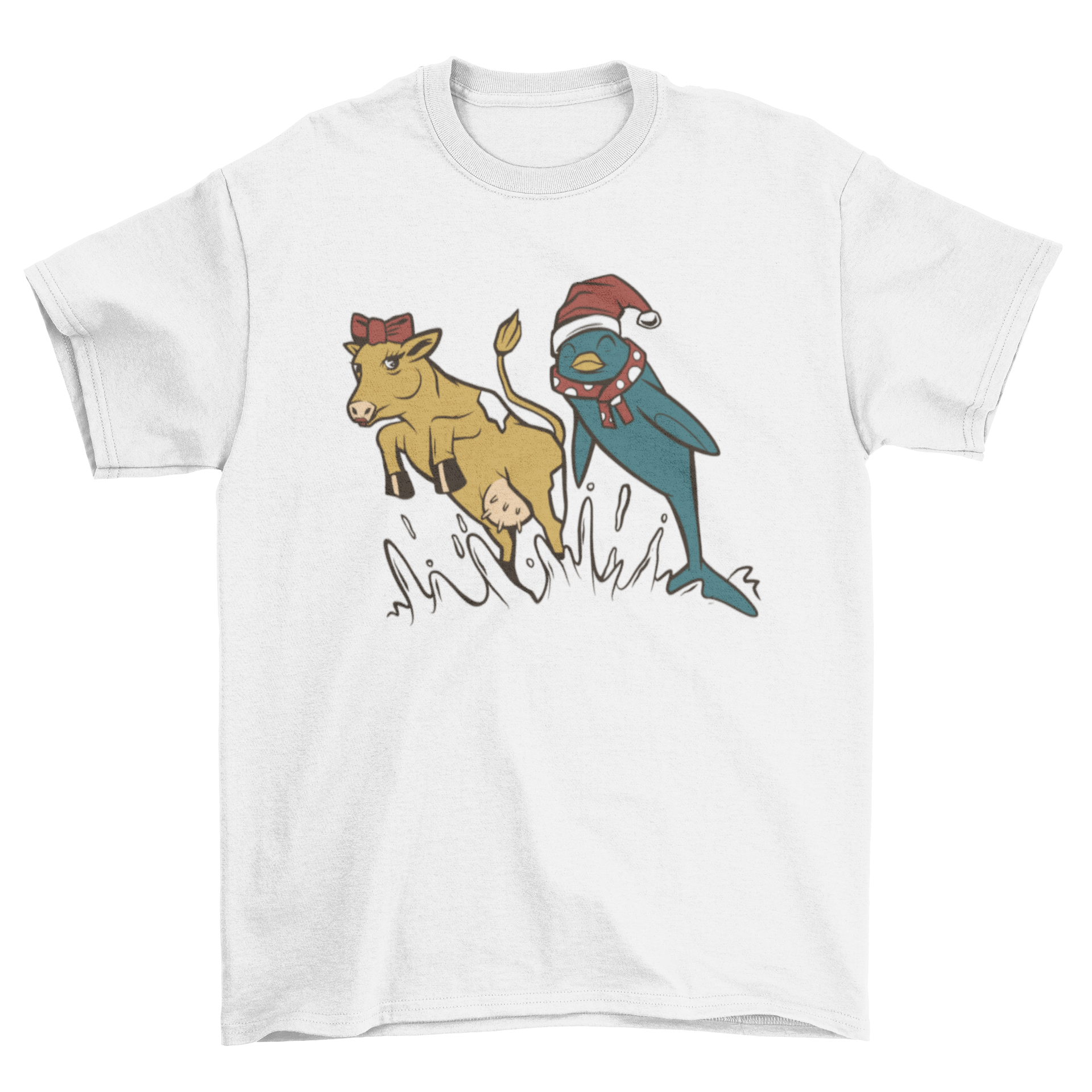 A playful t-shirt featuring a cow swimming with a dolphin, showcasing a vibrant and whimsical design.