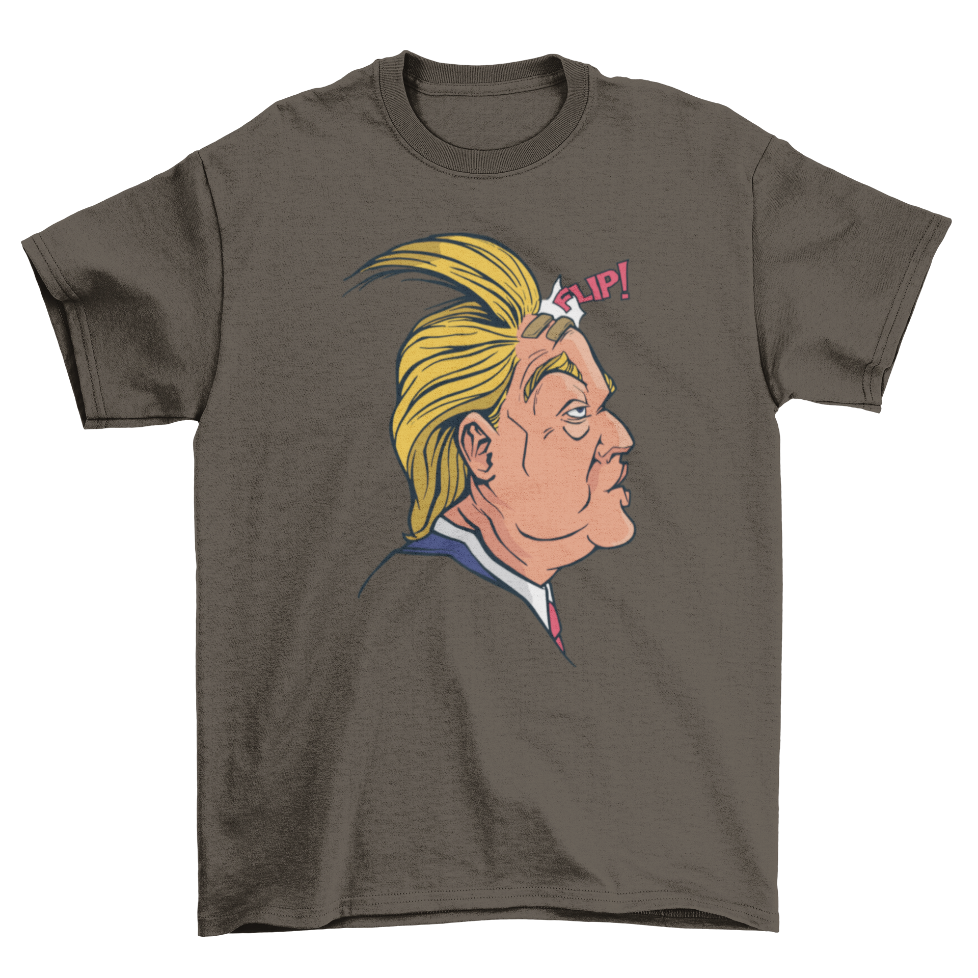 A humorous t-shirt featuring an illustration of Donald Trump's hair blowing in the wind, showcasing a playful design.