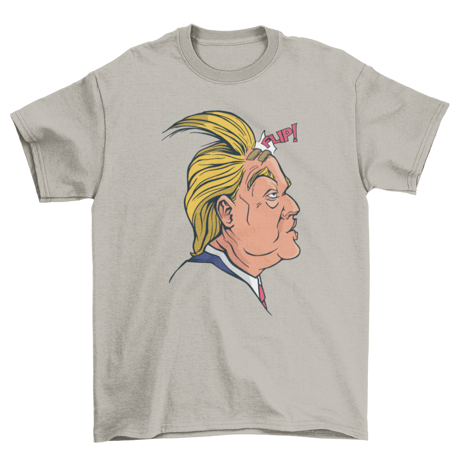 A humorous t-shirt featuring an illustration of Donald Trump's hair blowing in the wind, showcasing a playful design.