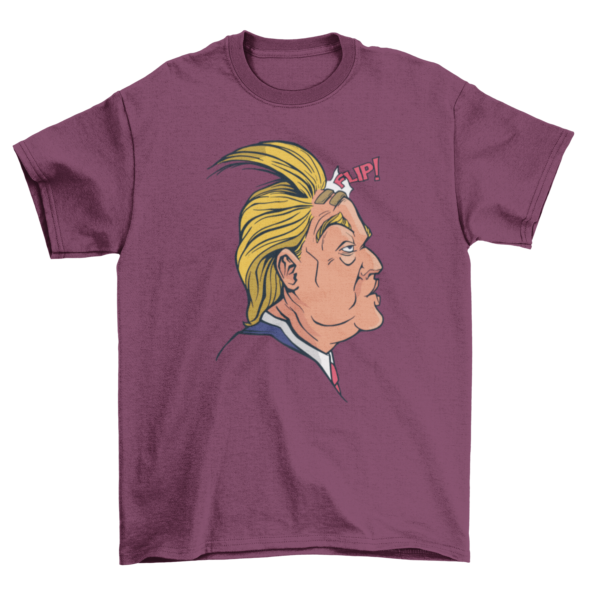 A humorous t-shirt featuring an illustration of Donald Trump's hair blowing in the wind, showcasing a playful design.