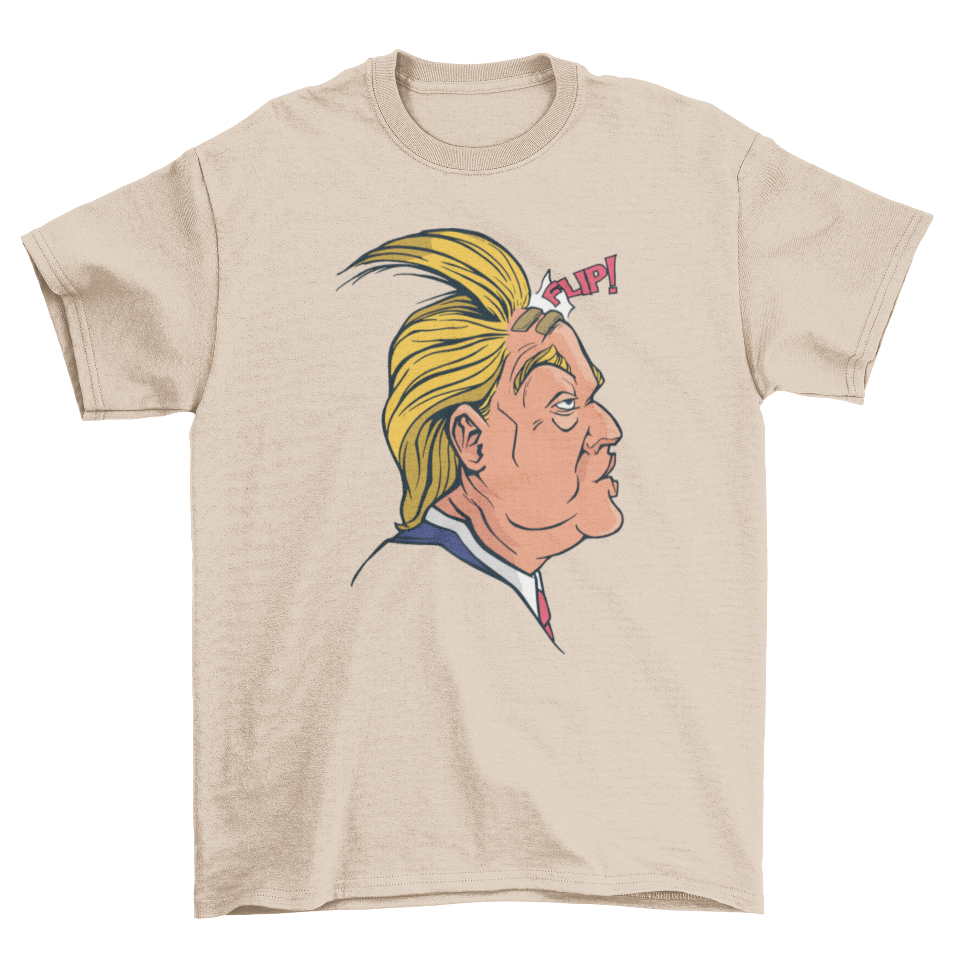 A humorous t-shirt featuring an illustration of Donald Trump's hair blowing in the wind, showcasing a playful design.
