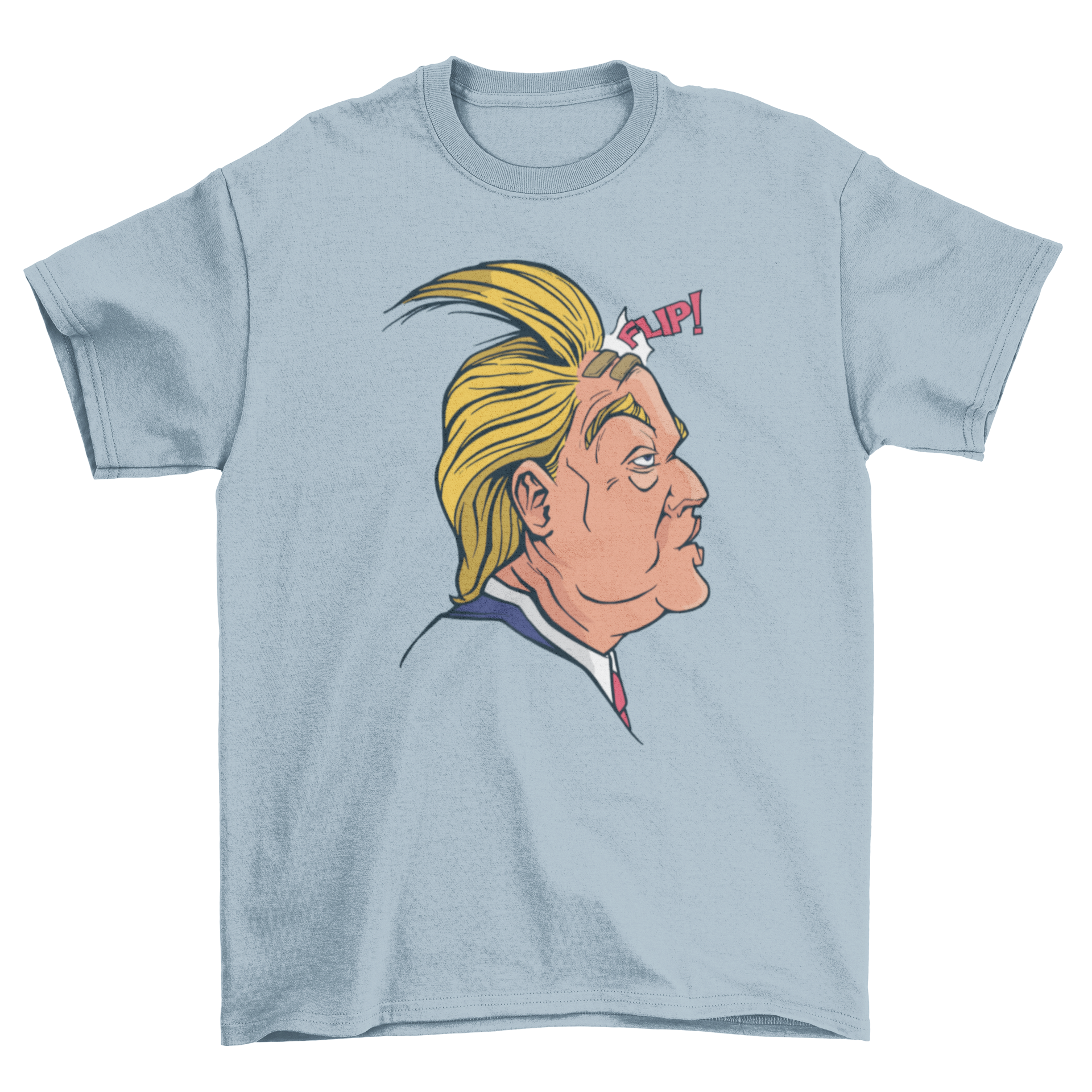 A humorous t-shirt featuring an illustration of Donald Trump's hair blowing in the wind, showcasing a playful design.