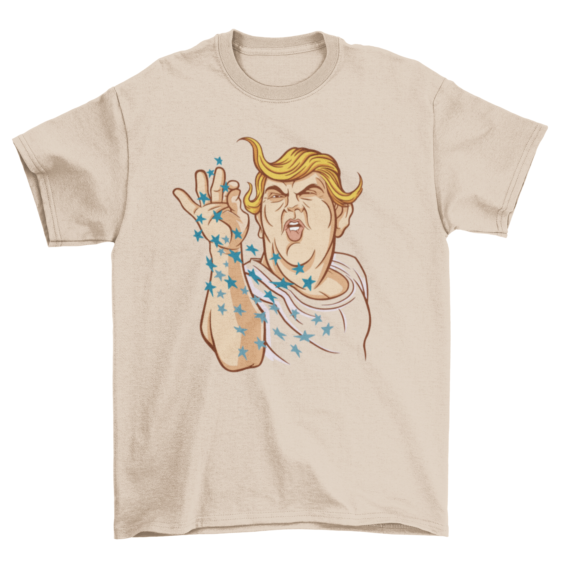 Donald Trump funny parody t-shirt featuring a design of him throwing stars from his hand, showcasing humor and creativity.