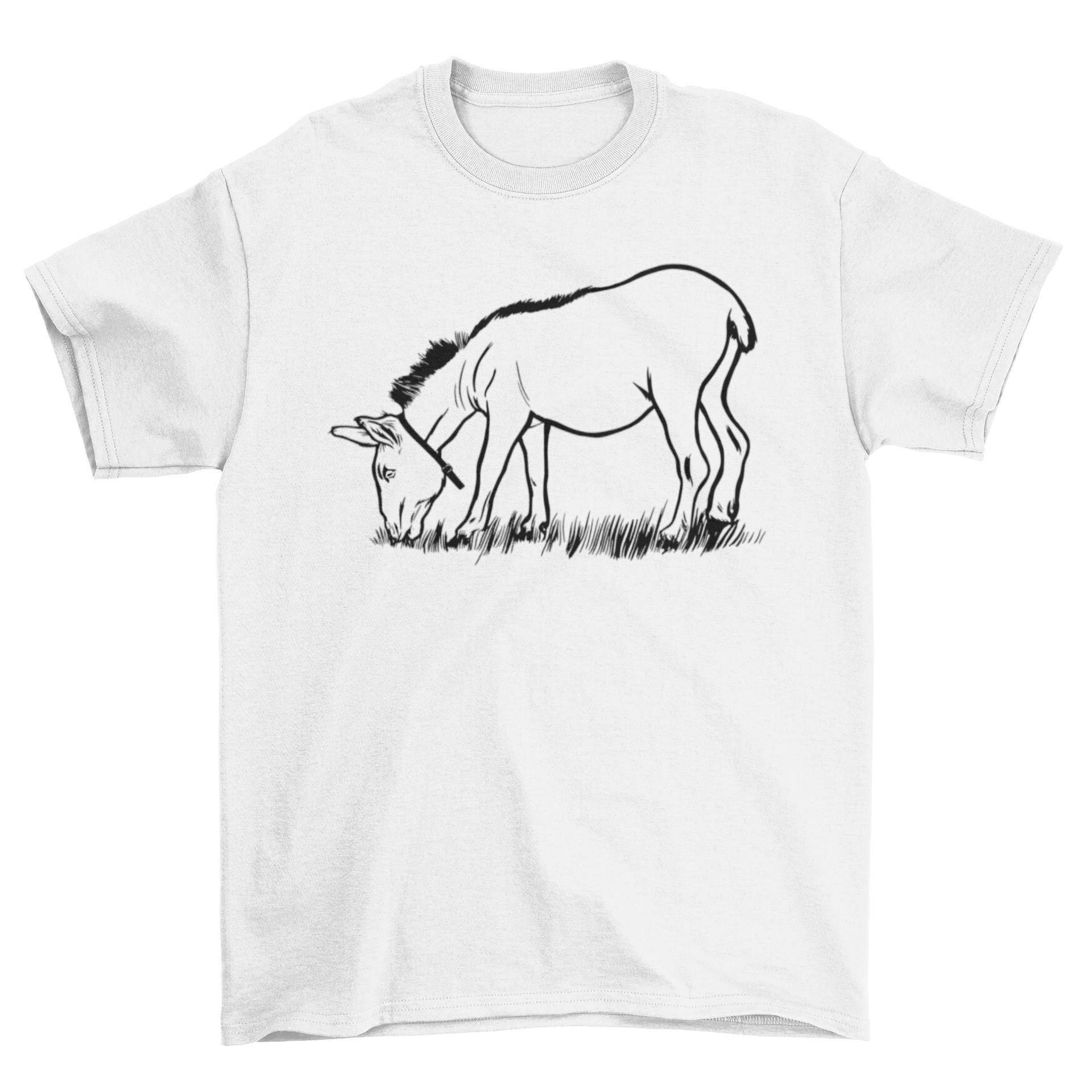 A stylish t-shirt featuring a whimsical illustration of a donkey eating, perfect for animal lovers.