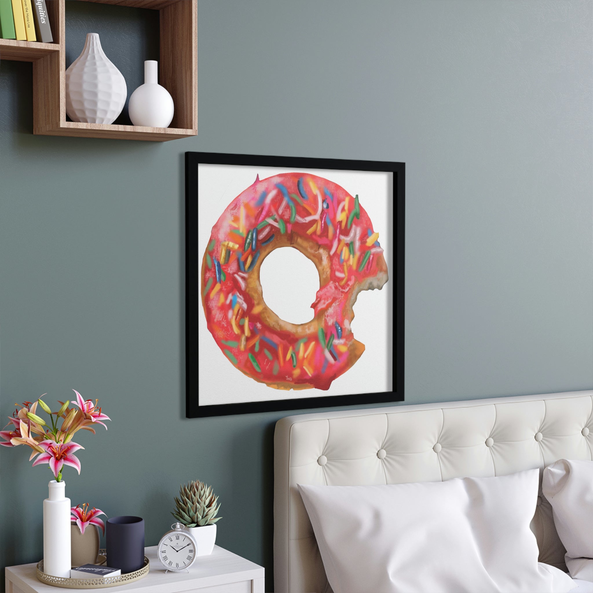 A vibrant Donut Framed Poster featuring a hand-crafted wooden frame, showcasing a colorful donut design, ready for hanging.