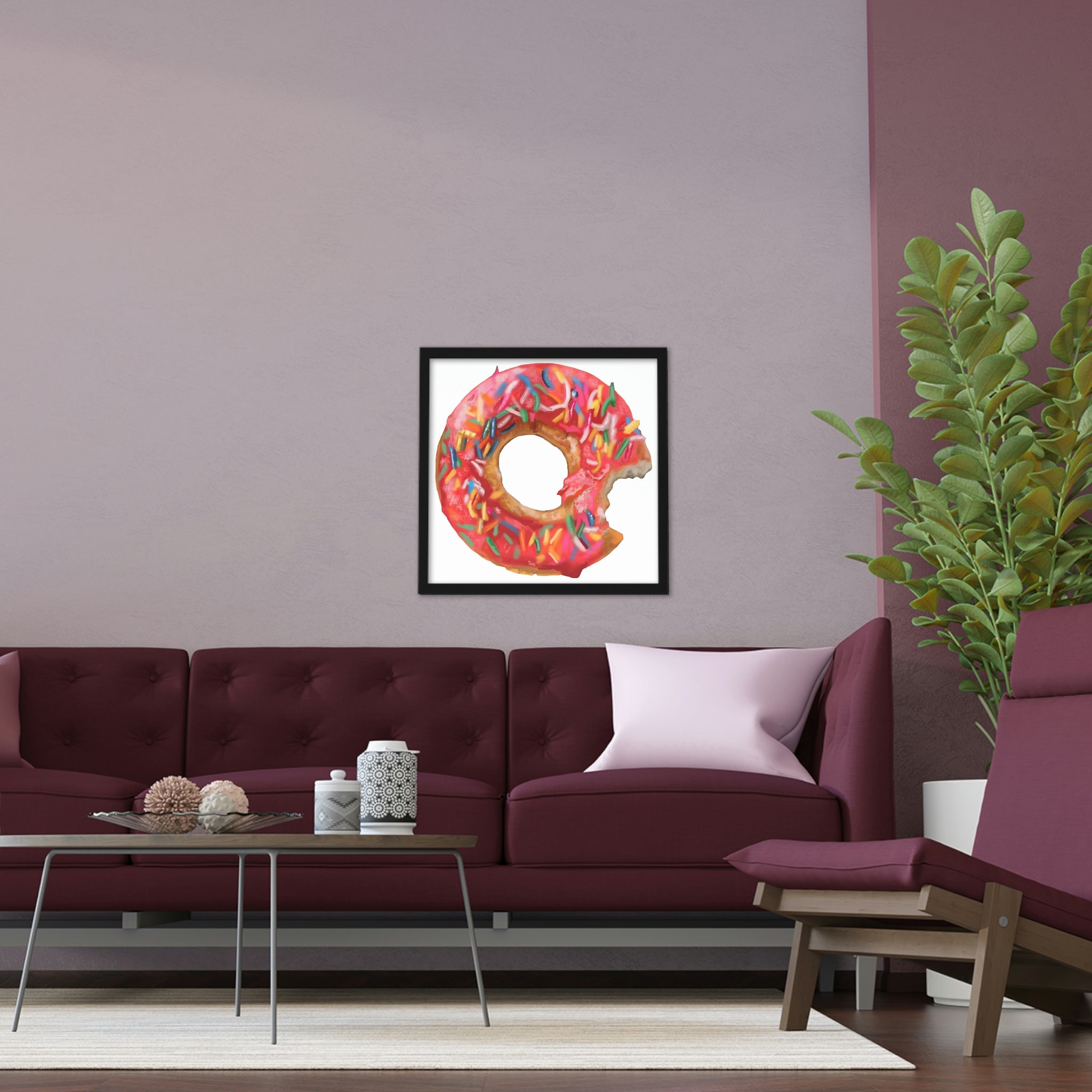 A vibrant Donut Framed Poster featuring a hand-crafted wooden frame, showcasing a colorful donut design, ready for hanging.
