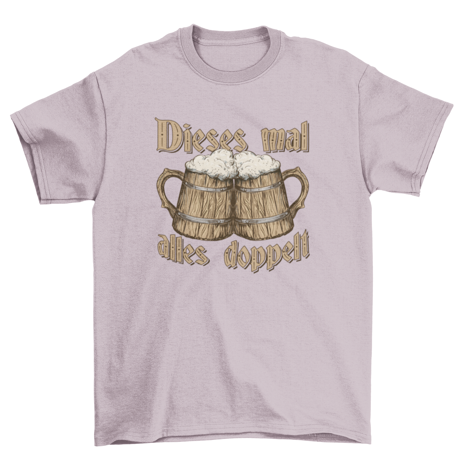 A stylish t-shirt featuring two wooden beer jugs and a German quote.