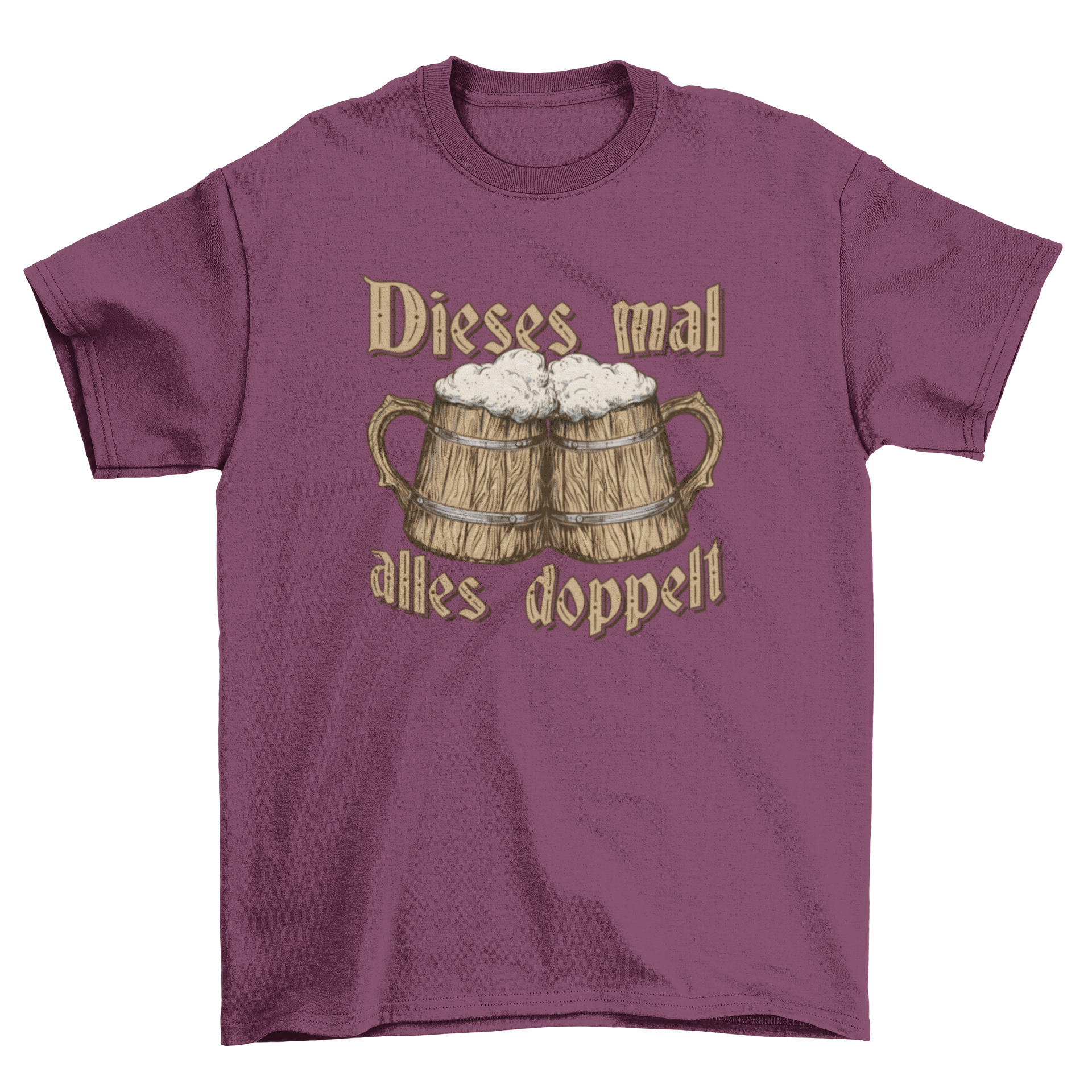 A stylish t-shirt featuring two wooden beer jugs and a German quote.