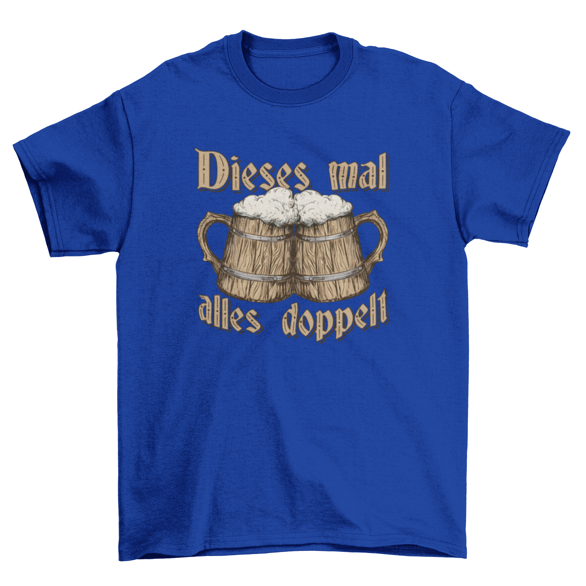 A stylish t-shirt featuring two wooden beer jugs and a German quote.