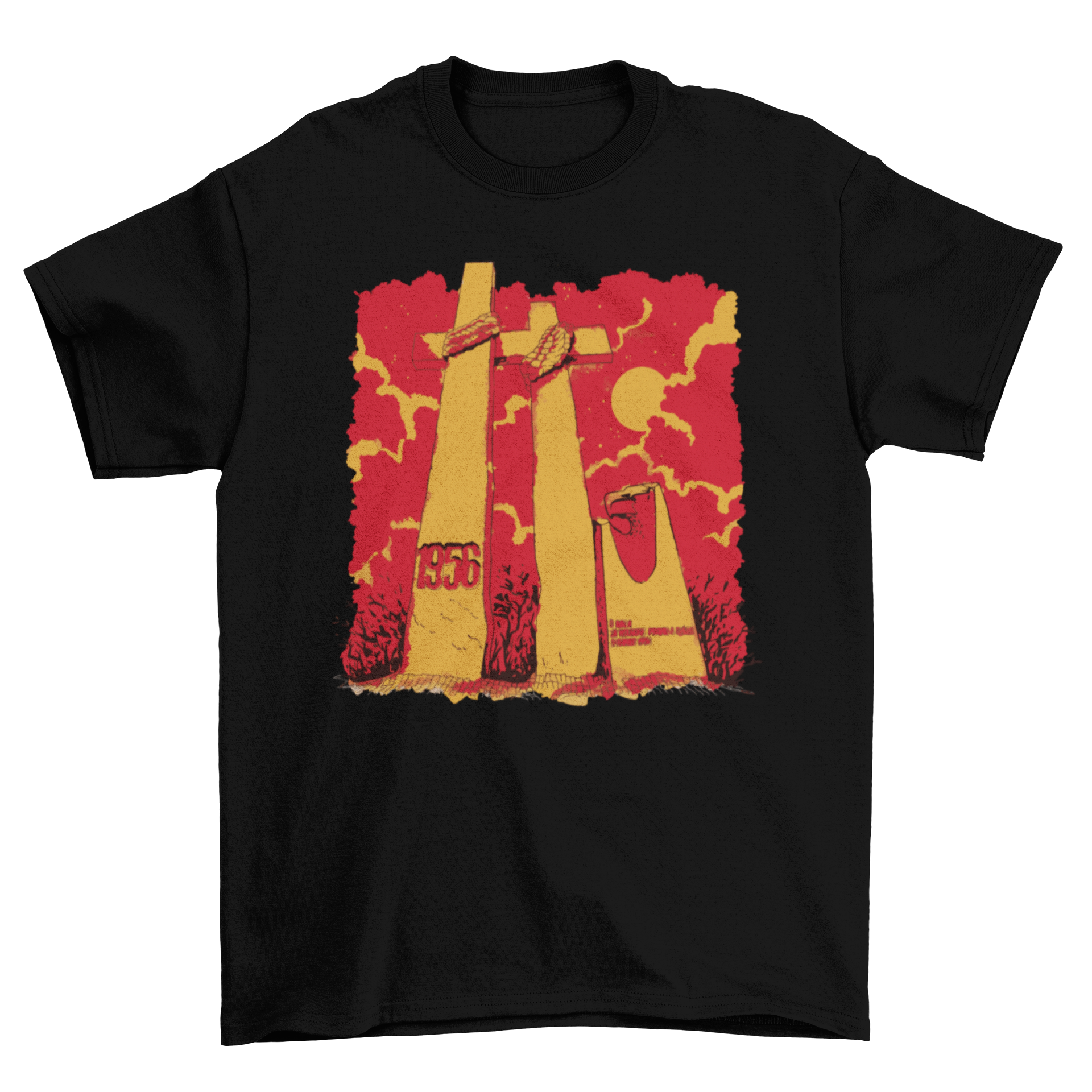 Double Crosses Religious Monument T-Shirt featuring a unique design with a monument and two crosses.