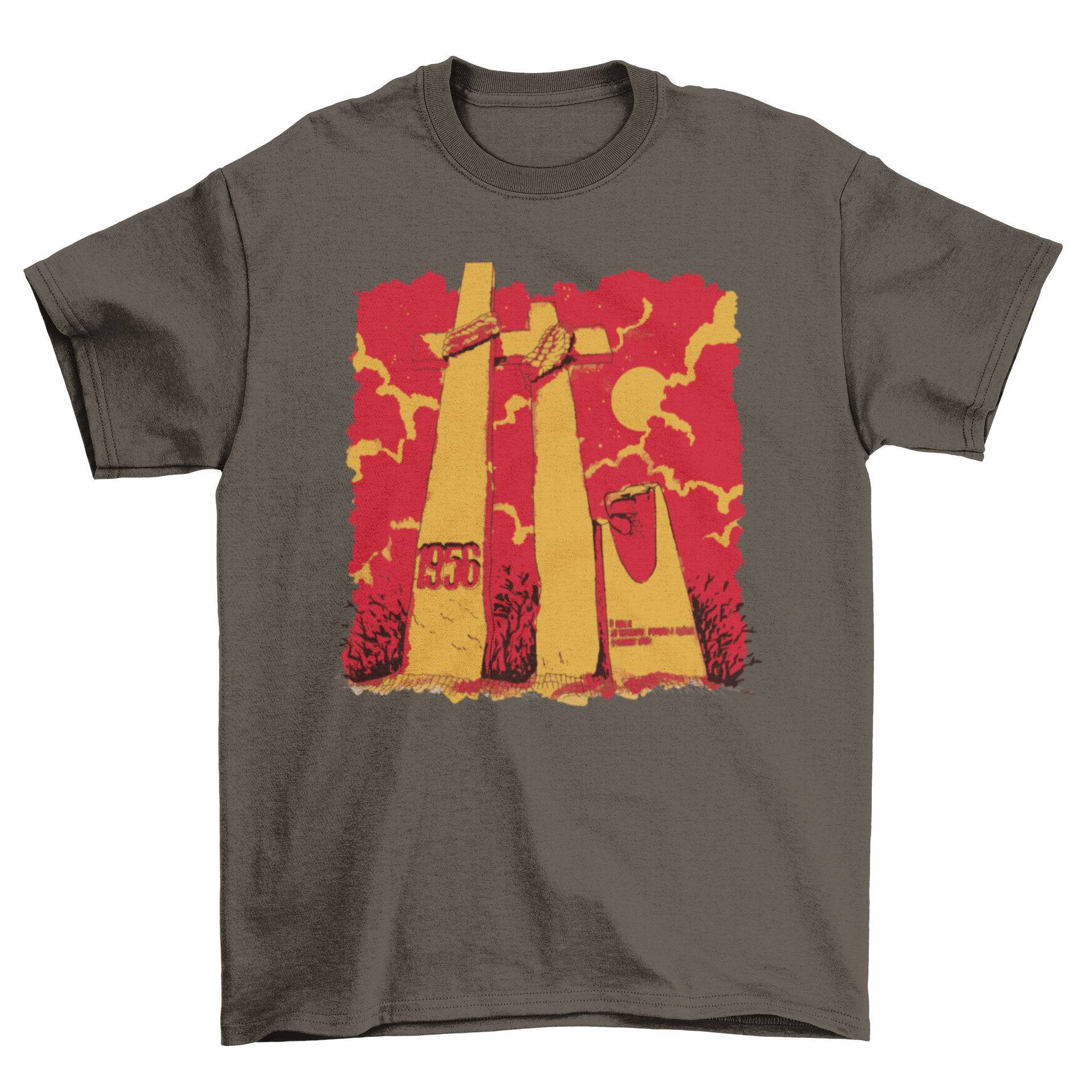 Double Crosses Religious Monument T-Shirt featuring a unique design with a monument and two crosses.