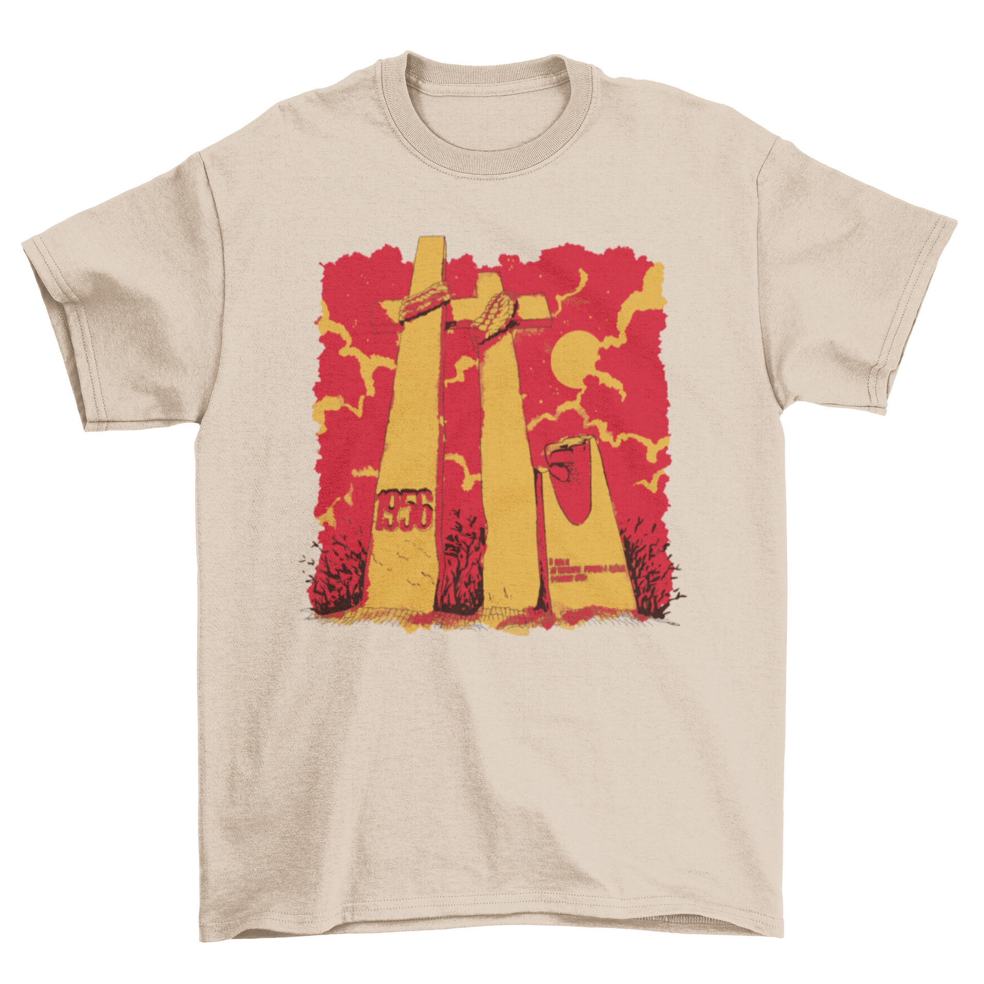 Double Crosses Religious Monument T-Shirt featuring a unique design with a monument and two crosses.