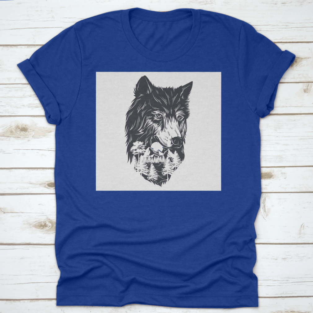 A captivating vector illustration featuring a double exposure of a forest landscape and a wolf silhouette, showcasing nature's beauty.